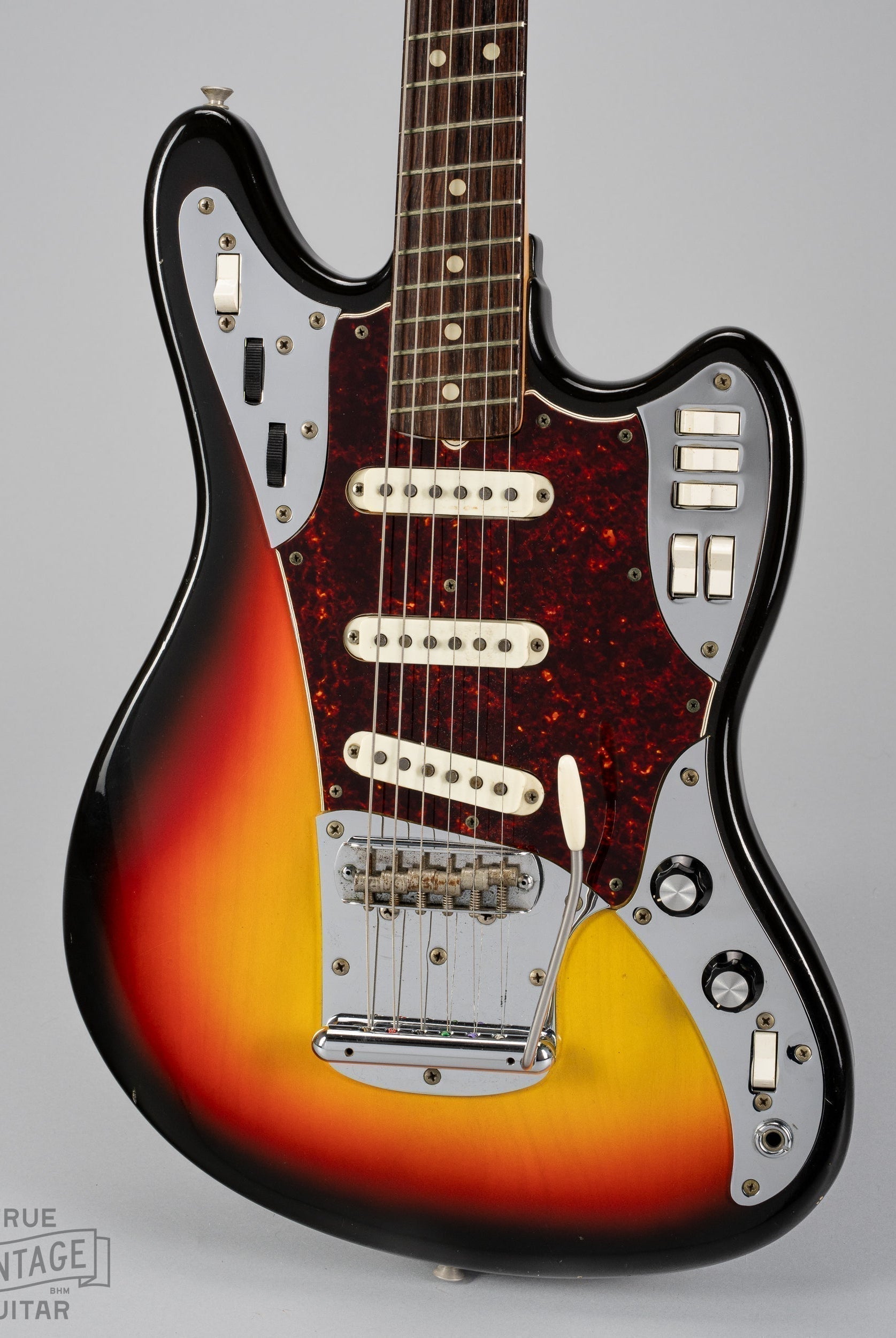 1966 Fender Marauder field test prototype guitar in Sunburst finish with slant frets. This image shows a real original vintage example of the type II Marauder.