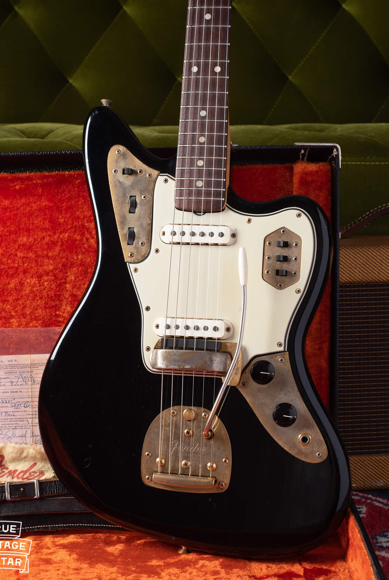 Vintage Fender guitars with gold hardware or gold parts. 1960s Fender Jazzmaster and Jaguar guitars.