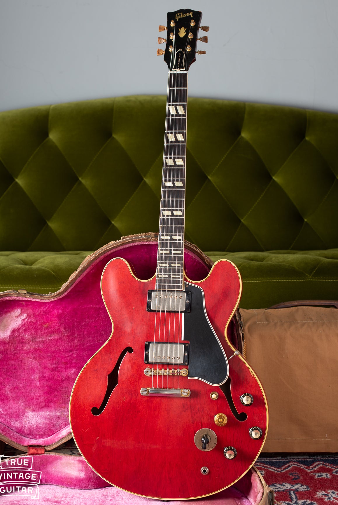 Gibson ES-345 guitars 1960, 1967. Cherry Red with stereo wiring, varitone switch, split parallelogram inlays.