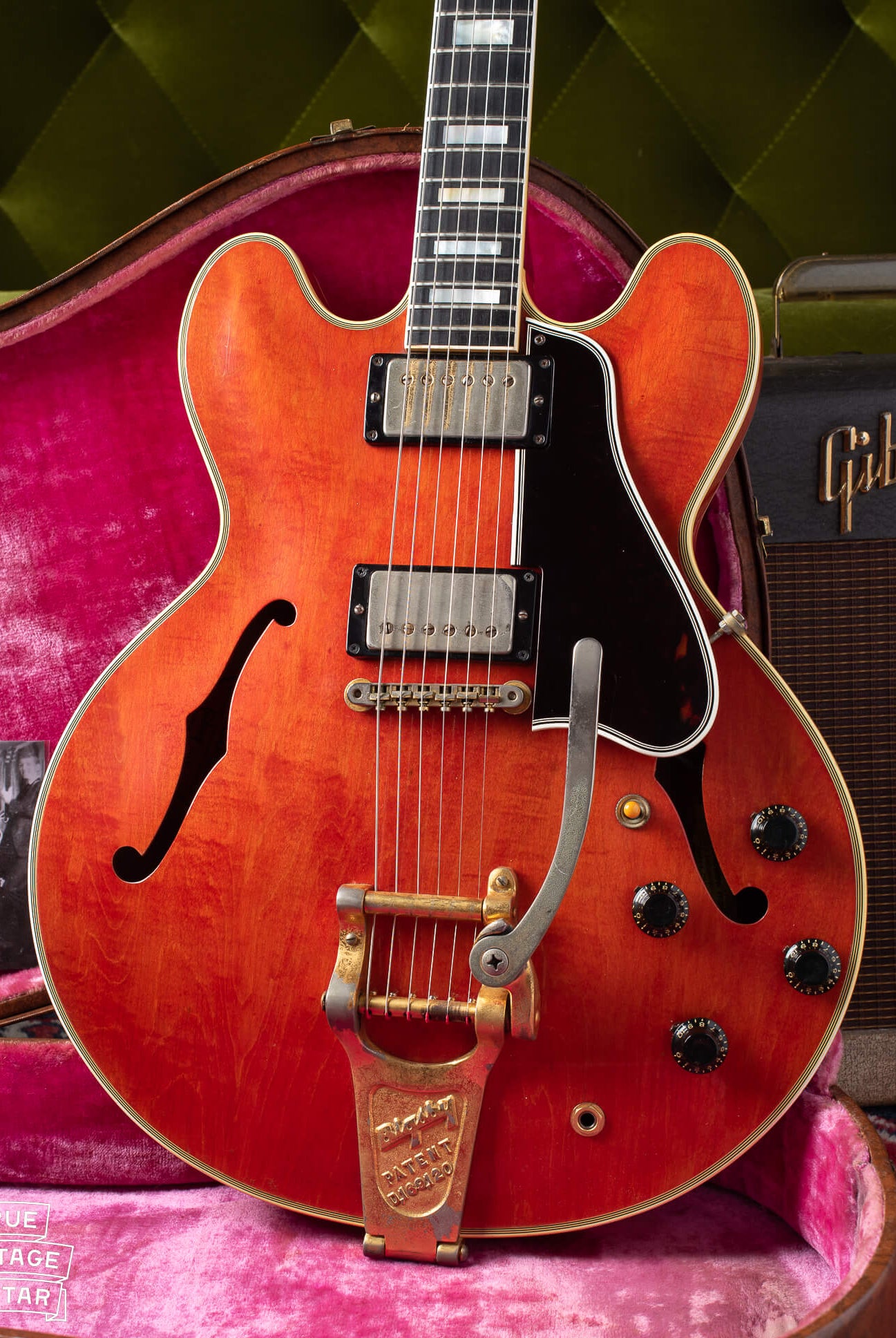 1959 Gibson ES-355 T guitar with faded watermelon red color, Bigbsy tailpiece, and mono output