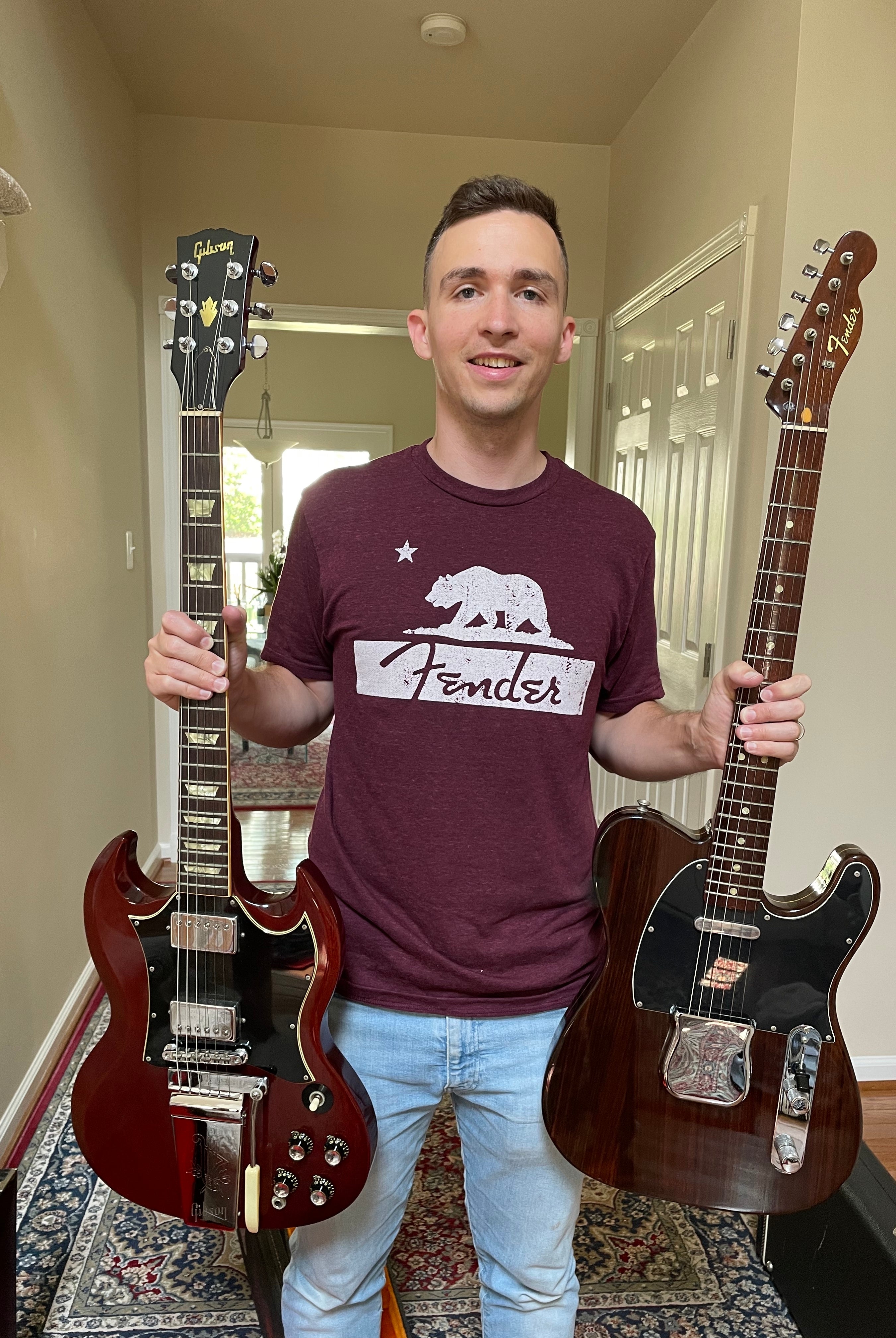 John Shults holding a 1969 Gibson SG Standard and 1970 Fender Rosewood Telecaster