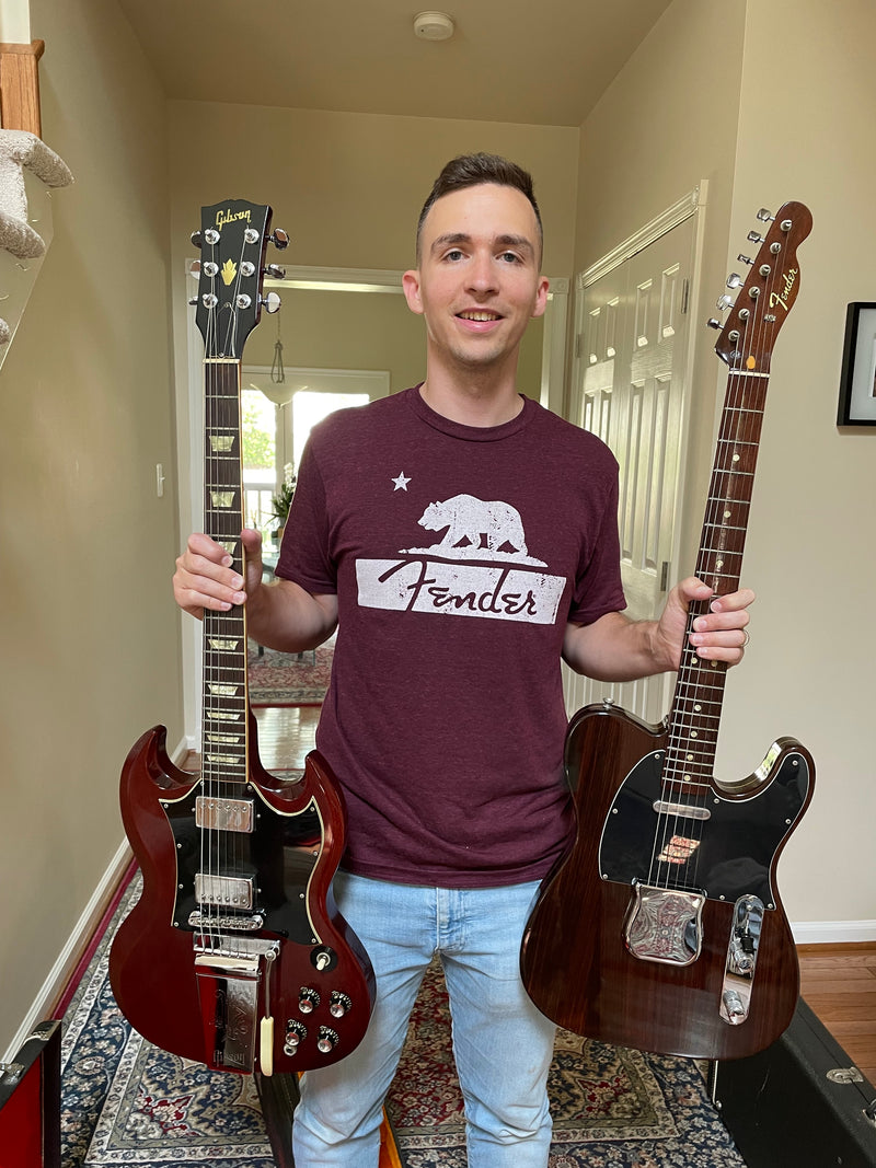 John Shults holding a 1969 Gibson SG Standard and 1970 Fender Rosewood Telecaster