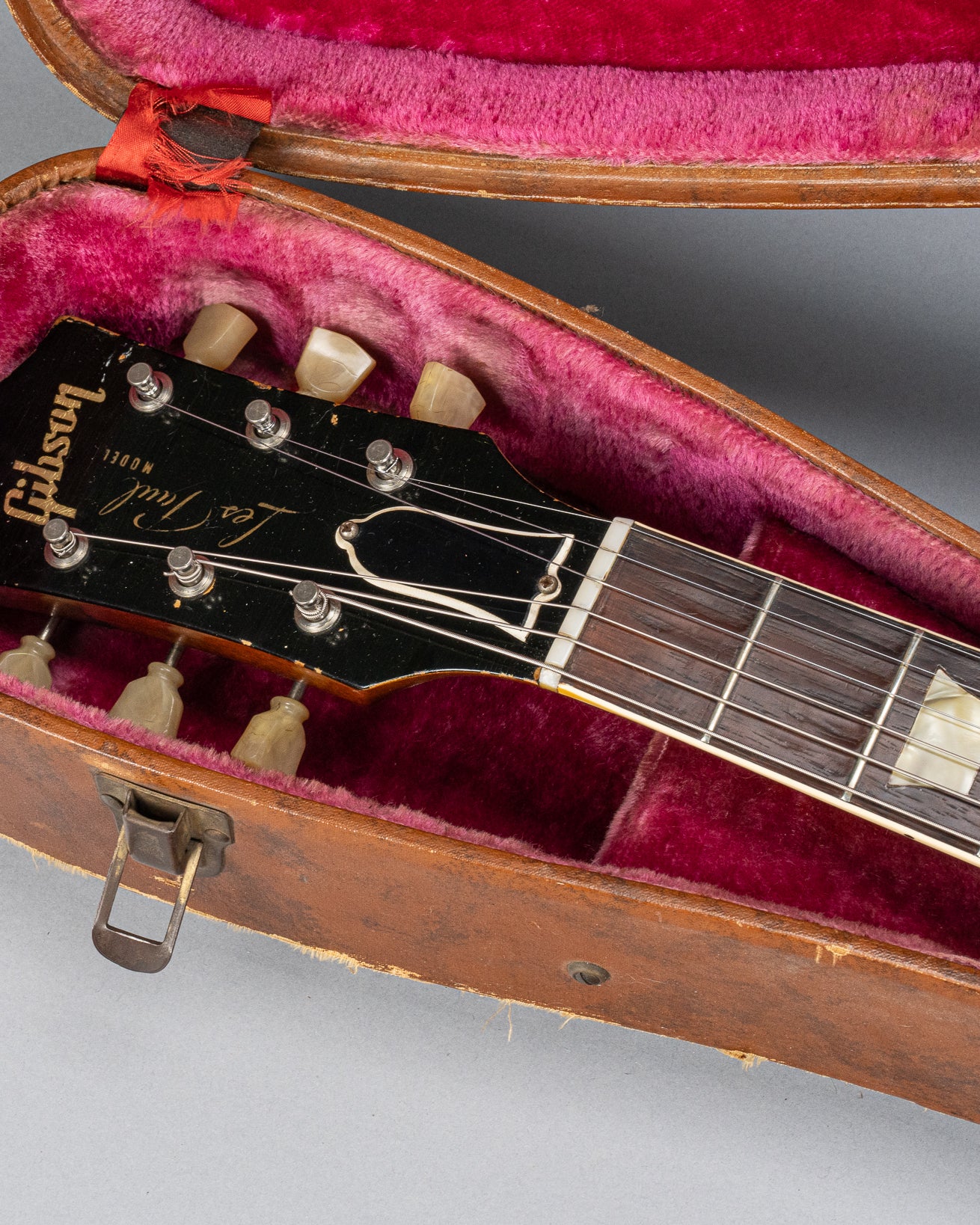 front of 1952 Gibson Les Paul Goldtop guitar neck and headstock in original case