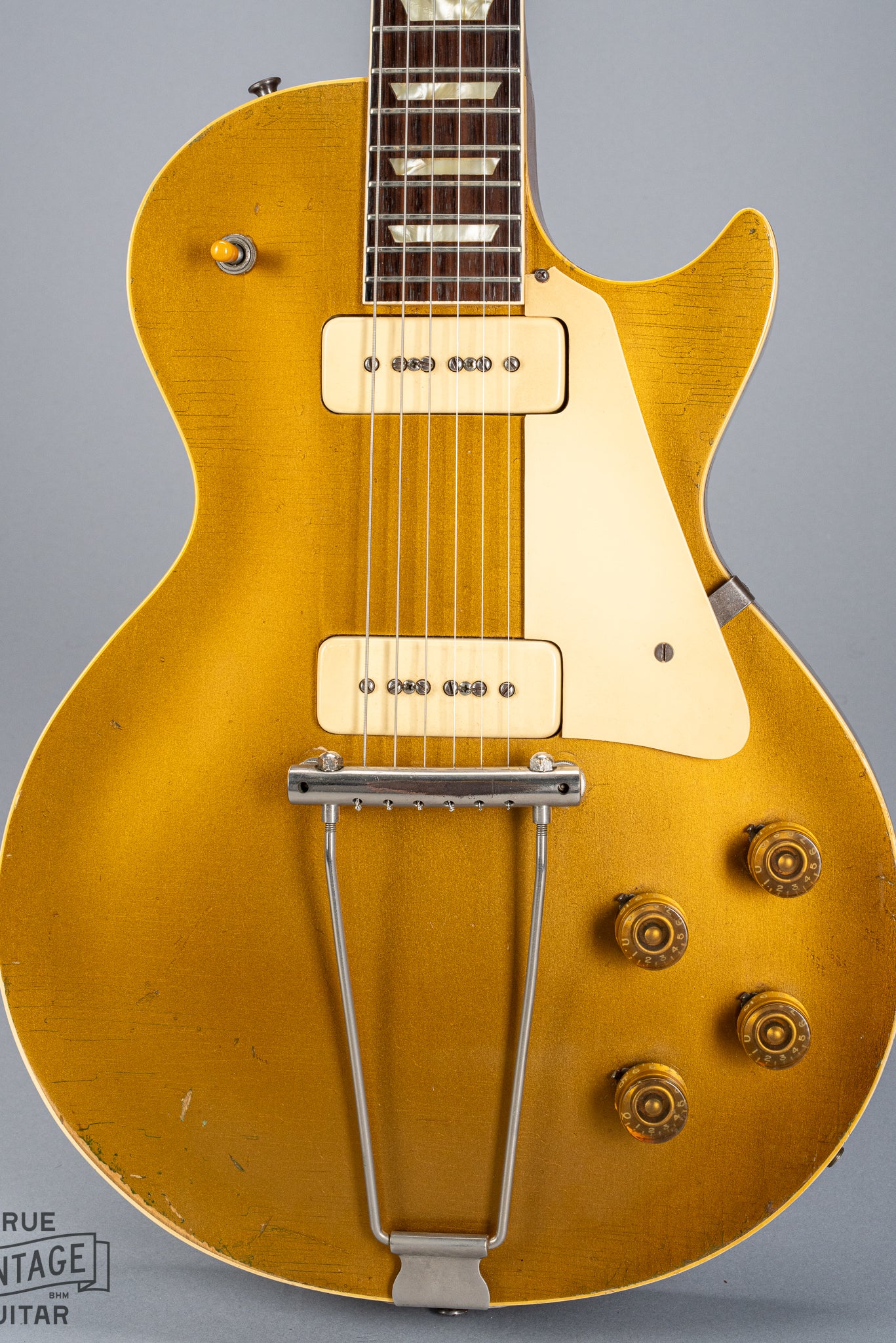 front of 1952 Gibson Les Paul Goldtop guitar body p90 pickups checking  switch tip fretboard inlays binding