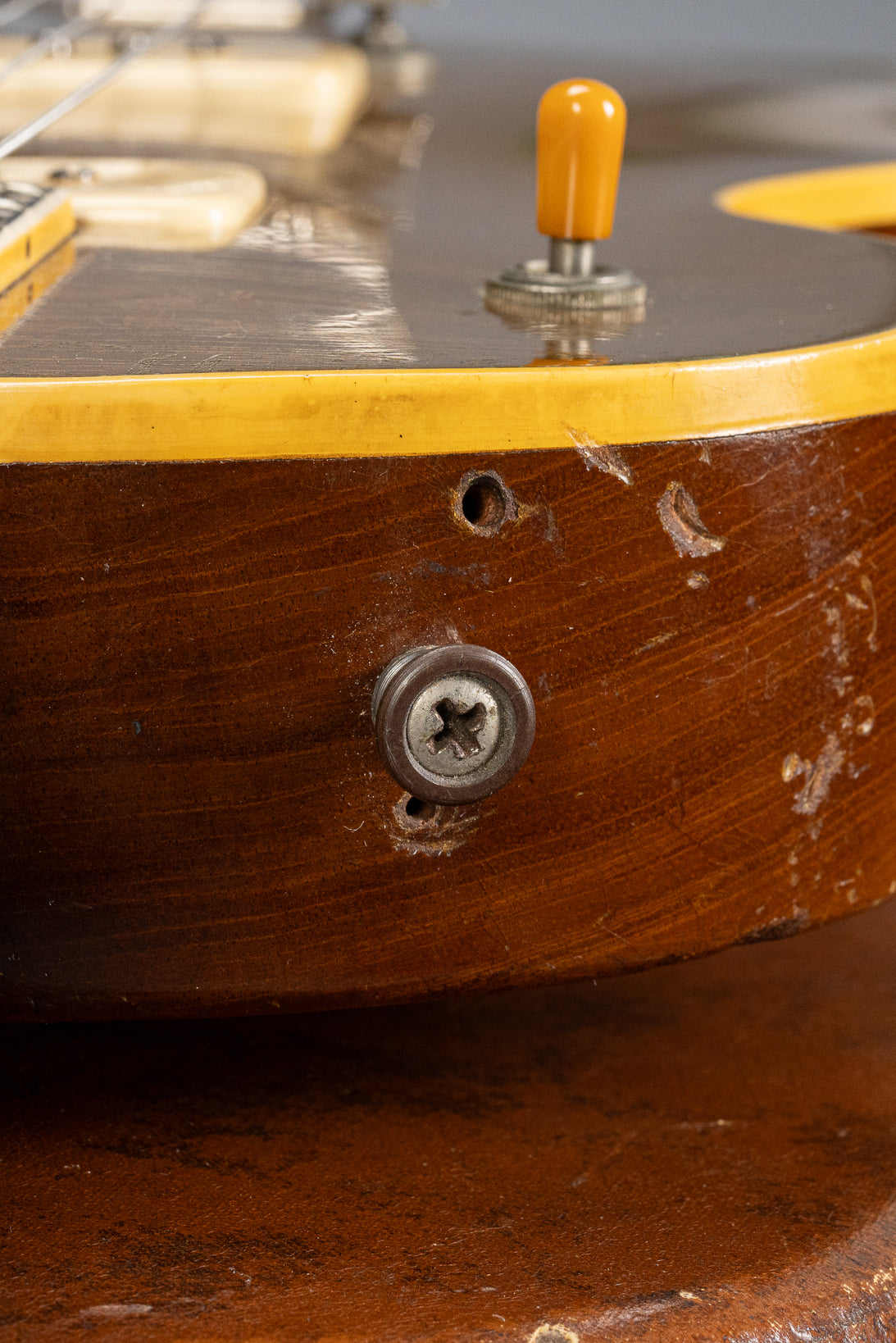 1952 Gibson Les Paul Goldtop strap button and screw hole modifications