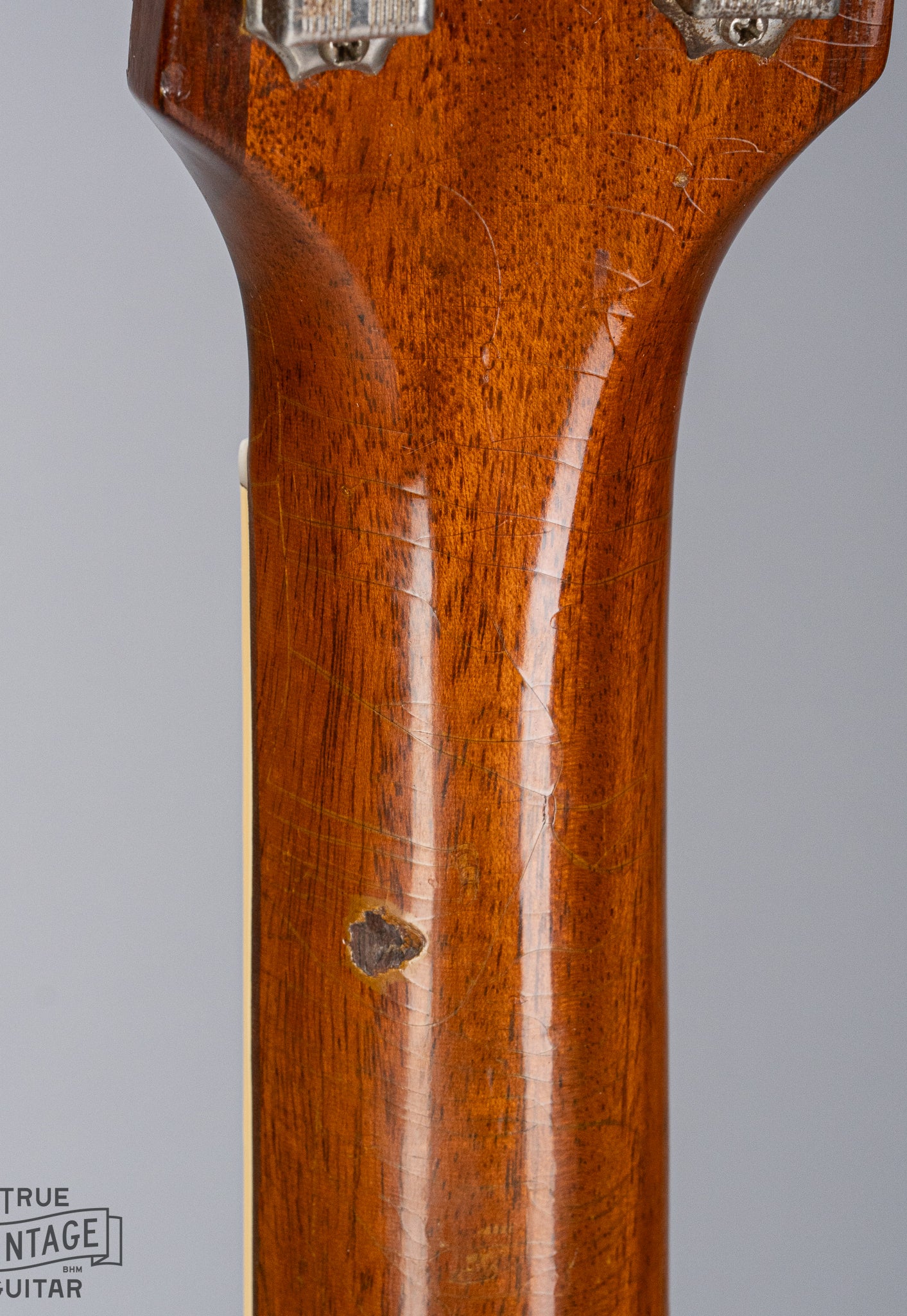 Back of 1954 Gibson Les Paul Goldtop guitar neck finish checking binding nut