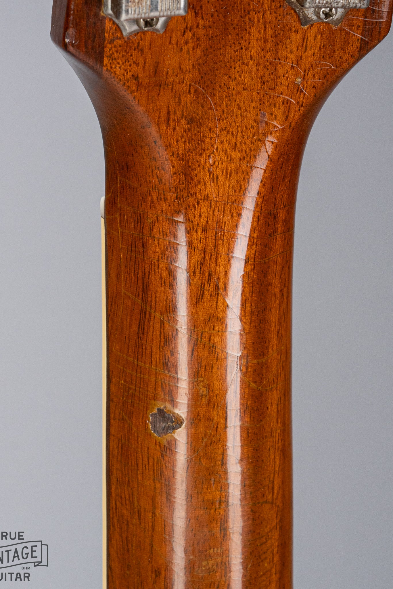 Back of 1954 Gibson Les Paul Goldtop guitar neck finish checking binding nut