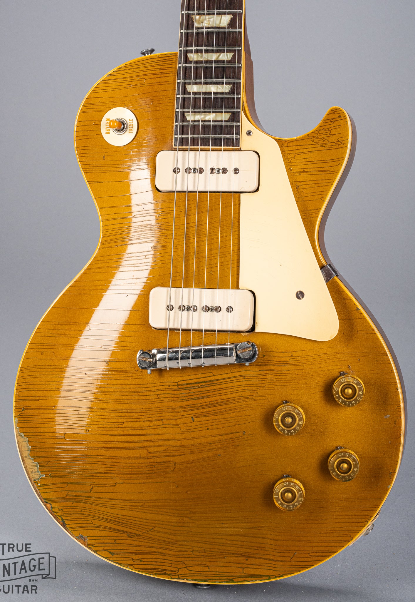 Front of 1954 Gibson Les Paul Goldtop guitar body finish checking p90 pickups