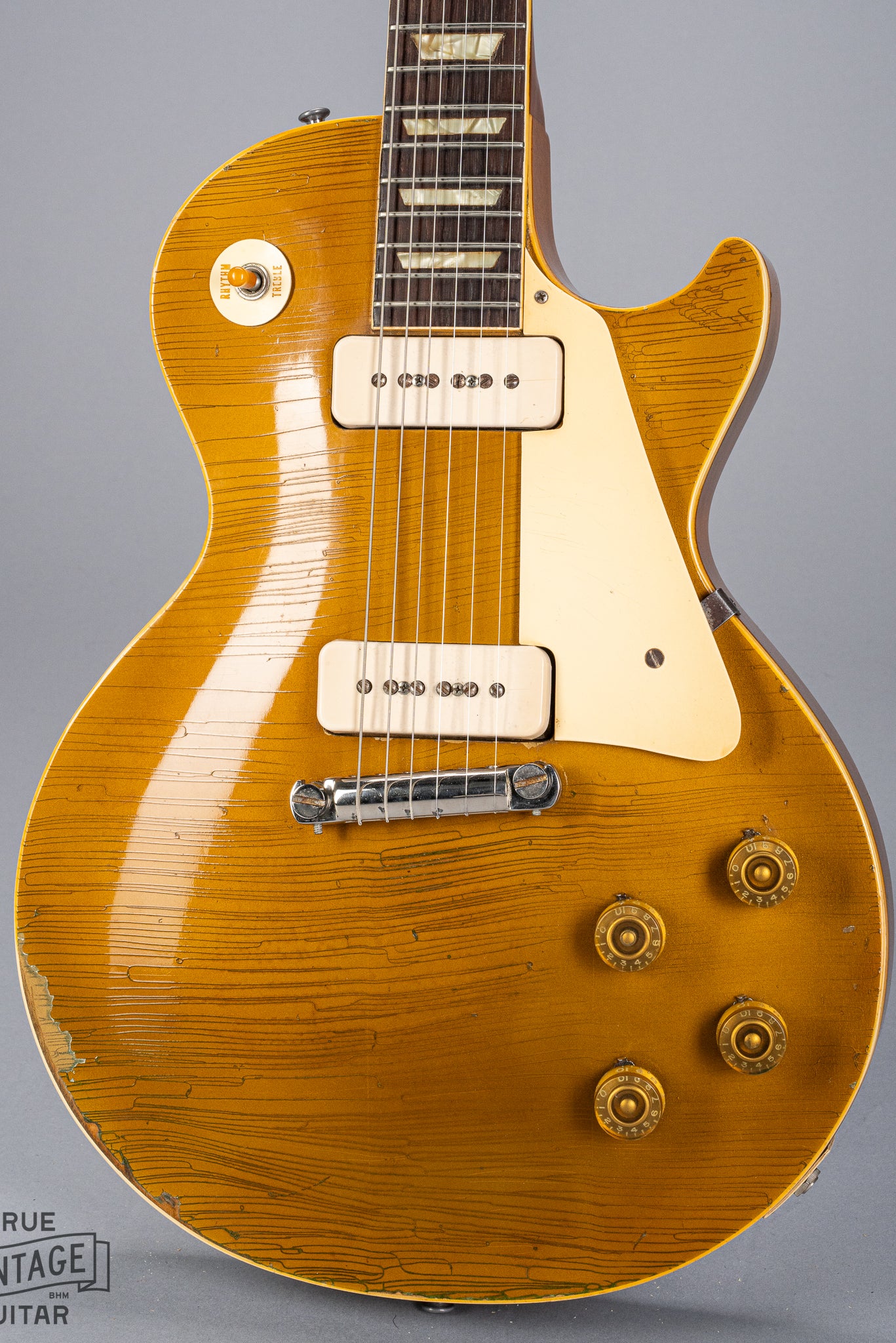 Front of 1954 Gibson Les Paul Goldtop guitar body finish checking p90 pickups
