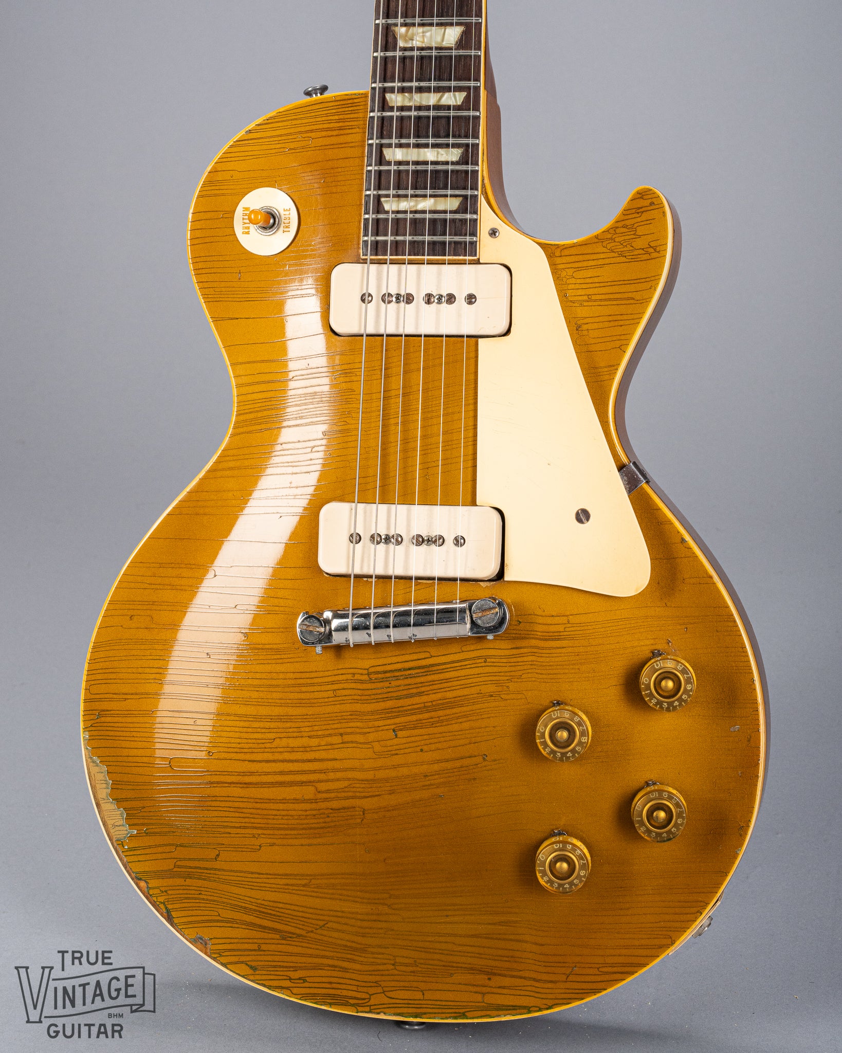 Front of 1954 Gibson Les Paul Goldtop guitar body finish checking p90 pickups