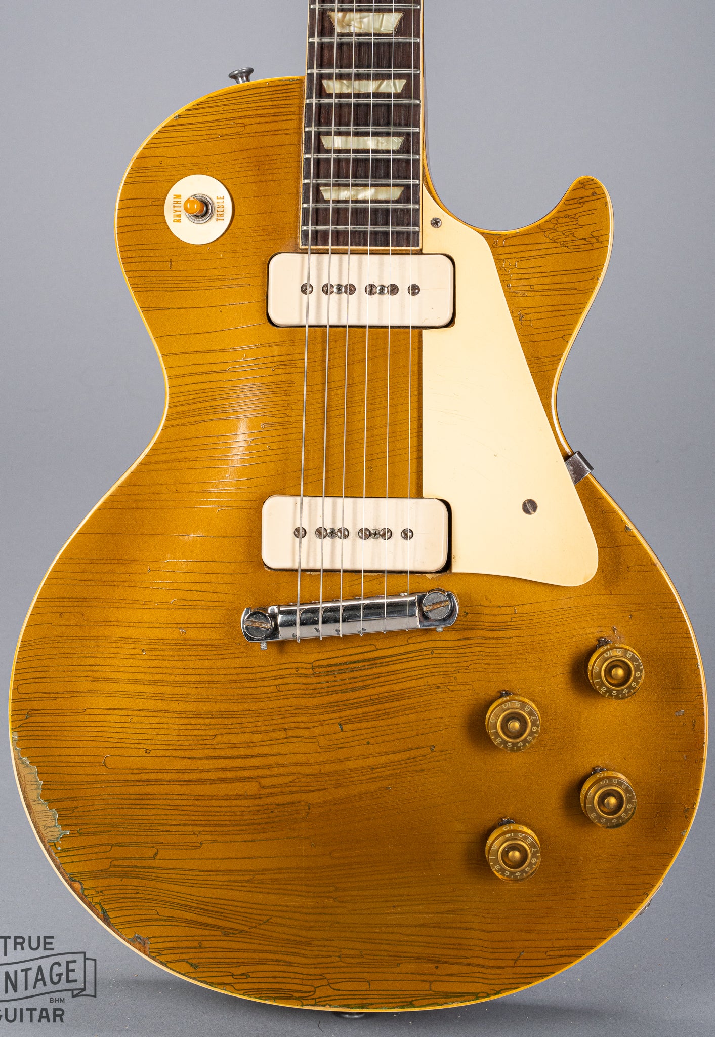 Front of 1954 Gibson Les Paul Goldtop guitar body finish checking p90 pickups