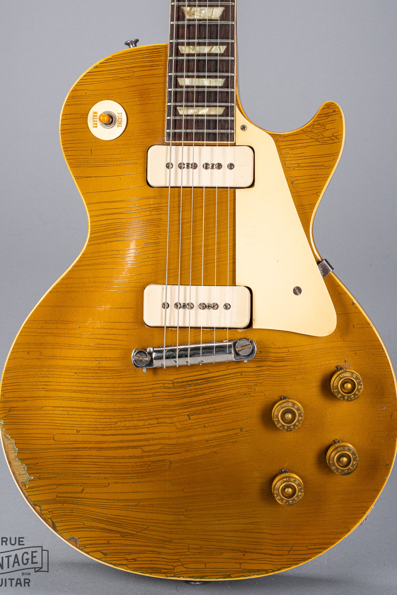 Front of 1954 Gibson Les Paul Goldtop guitar body finish checking p90 pickups