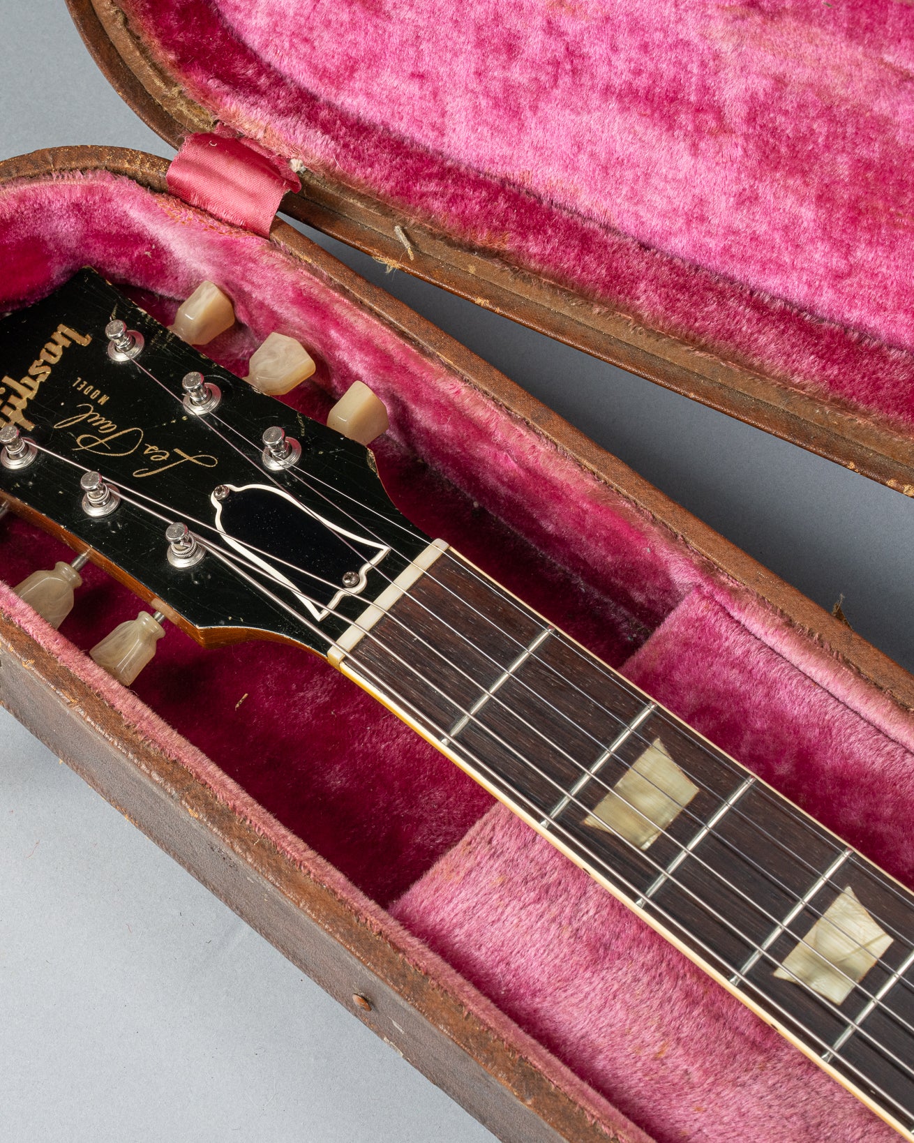 front of 1954 Gibson Les Paul Standard Goldtop guitar headstock and neck in original case