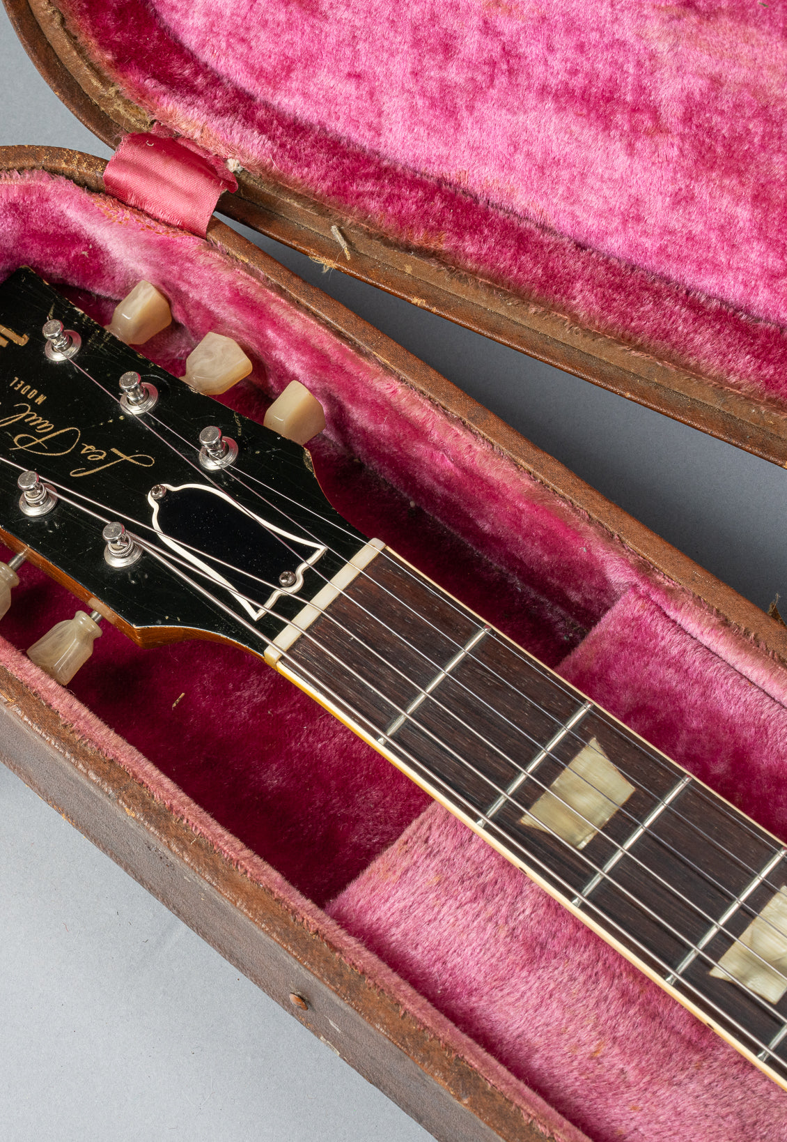 front of 1954 Gibson Les Paul Standard Goldtop guitar headstock and neck in original case