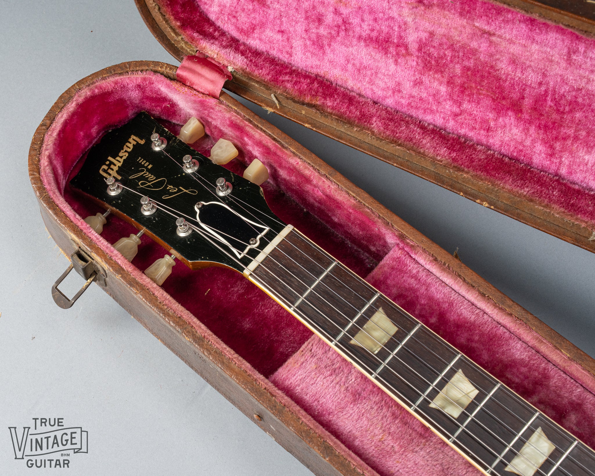 front of 1954 Gibson Les Paul Standard Goldtop guitar headstock and neck in original case
