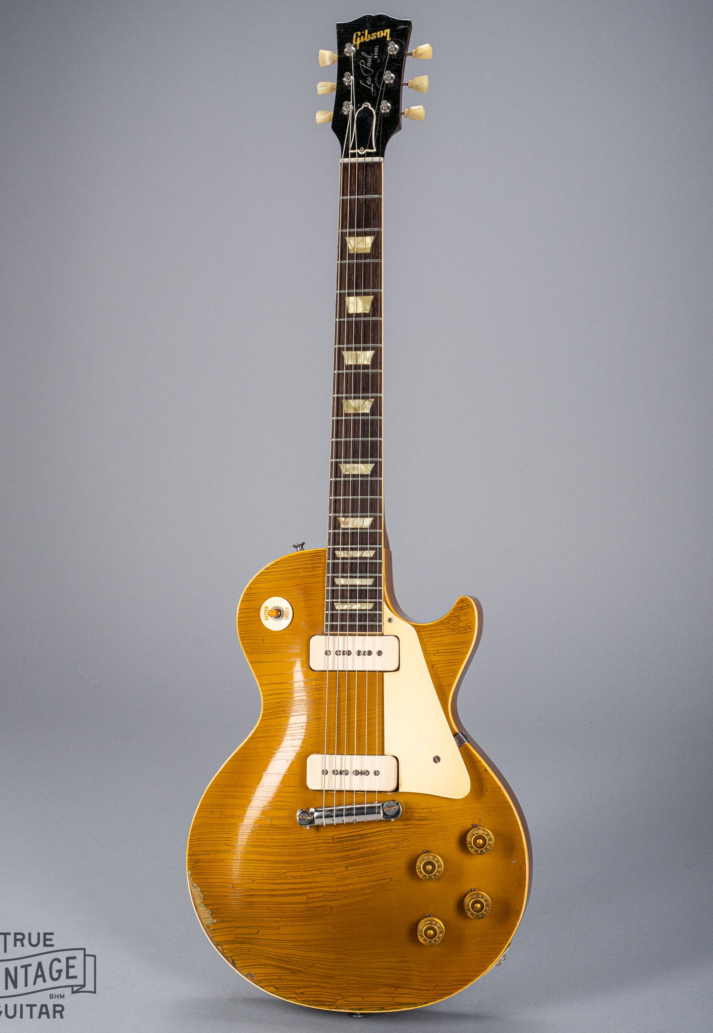 Front of 1954 Gibson Les Paul Goldtop guitar body finish checking p90 pickups neck fretboard headstock