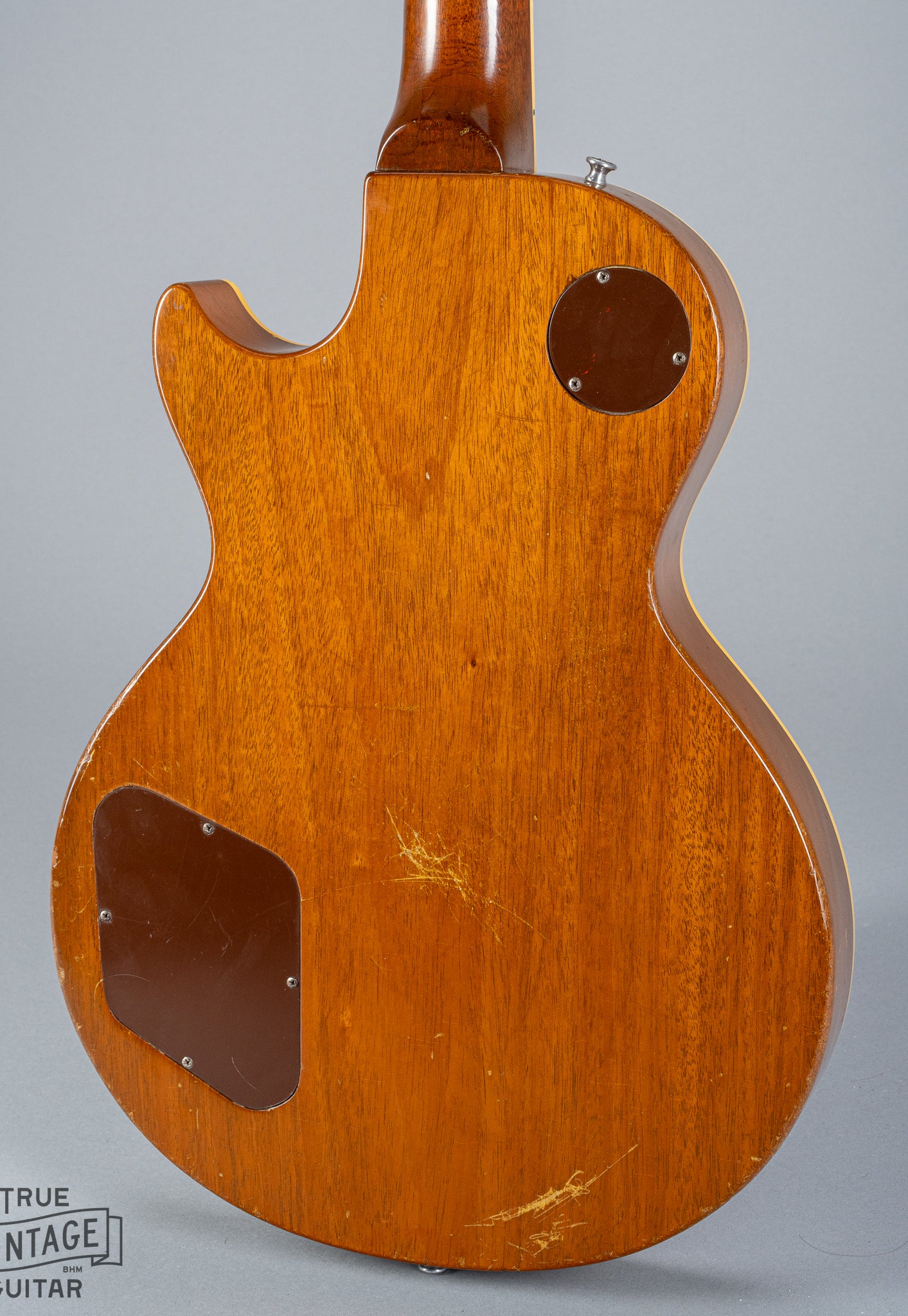 back of 1954 Gibson Les Paul Standard Goldtop guitar body p90 pickups neck heel joint back plate mahogany gibson