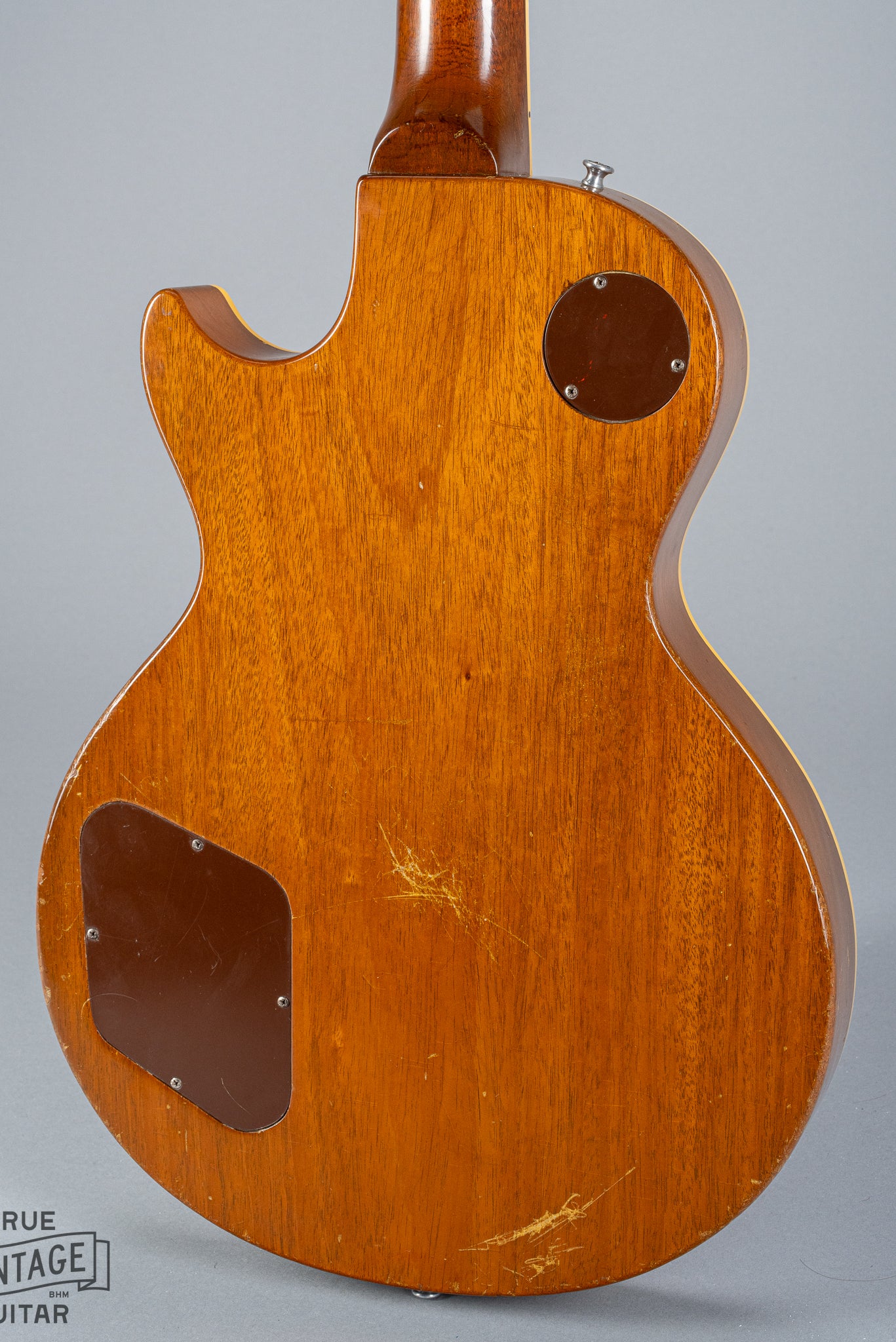 back of 1954 Gibson Les Paul Standard Goldtop guitar body p90 pickups neck heel joint back plate mahogany gibson