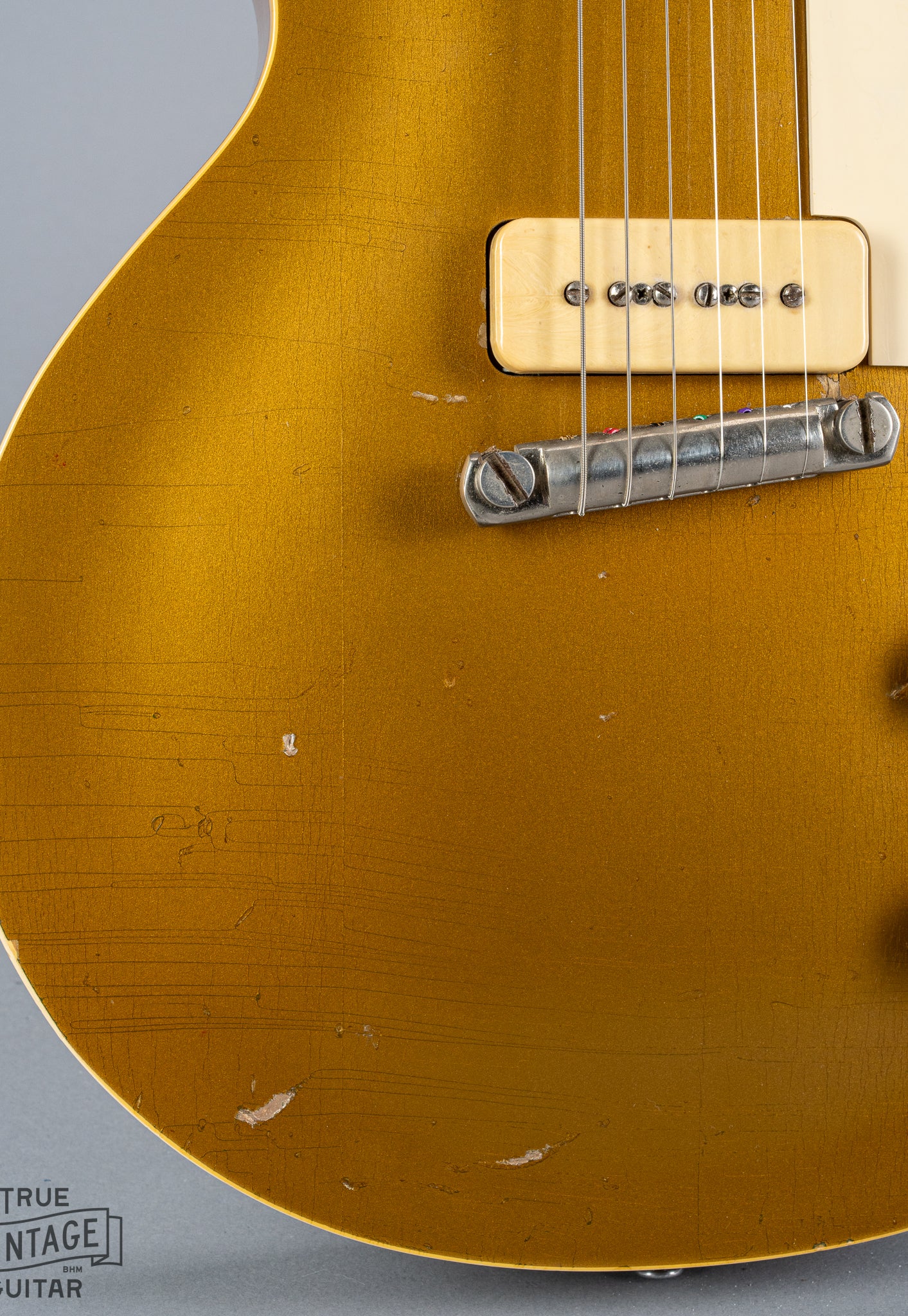 front of 1954 Gibson Les Paul Standard Goldtop guitar body p90 pickups checking