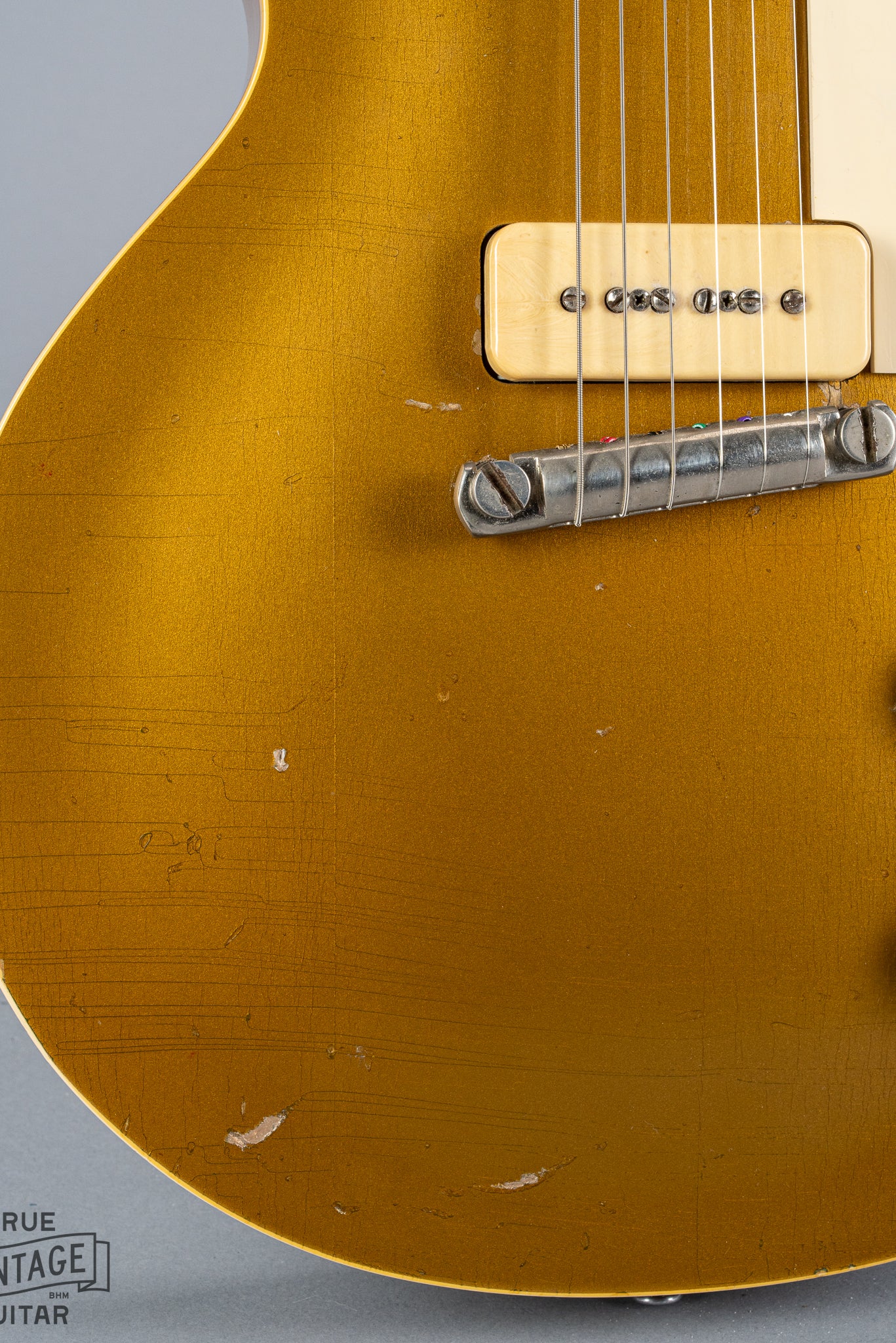 front of 1954 Gibson Les Paul Standard Goldtop guitar body p90 pickups checking