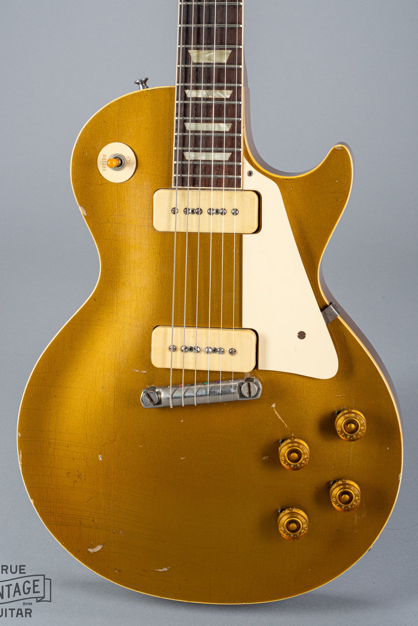 front of 1954 Gibson Les Paul Standard Goldtop guitar body p90 pickups checking  switch tip fretboard inlays binding