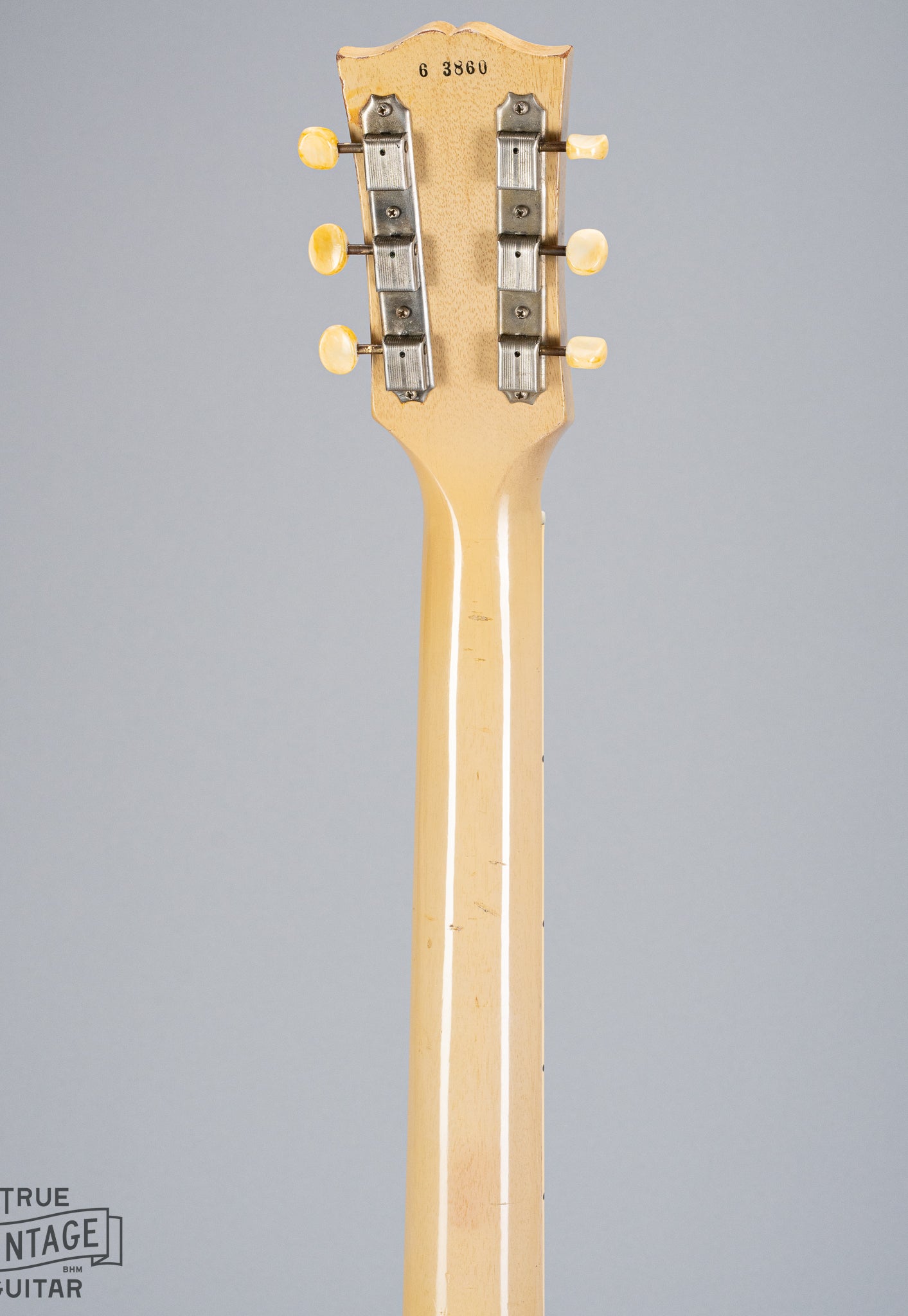 Back of 1956 Gibson Les Paul Special TV Yellow guitar neck, headstock, serial number, tuning machines