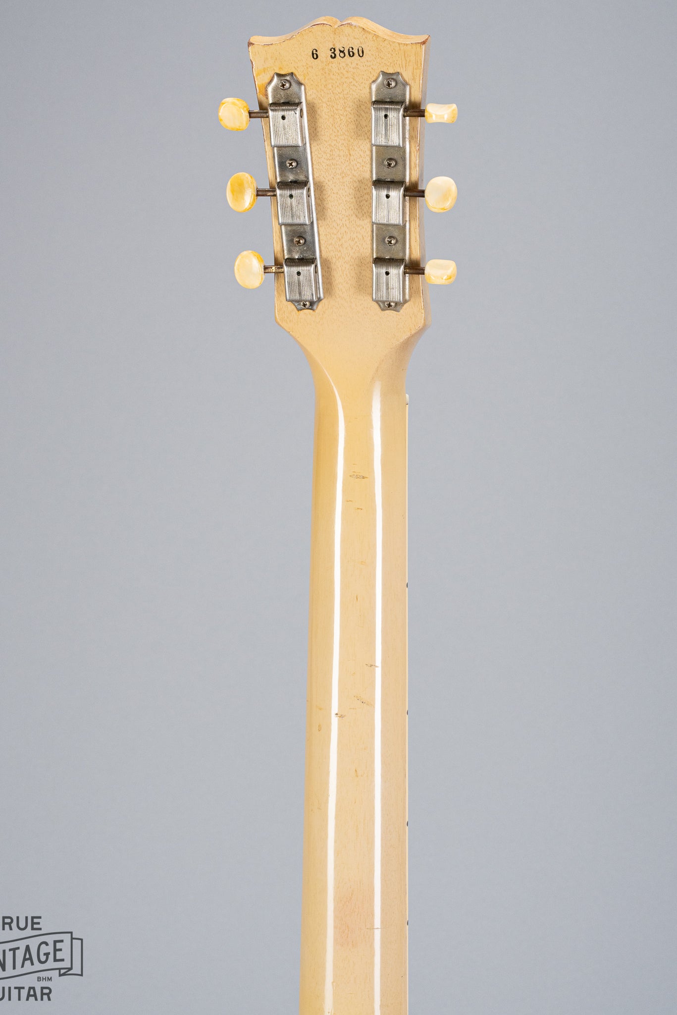 Back of 1956 Gibson Les Paul Special TV Yellow guitar neck, headstock, serial number, tuning machines