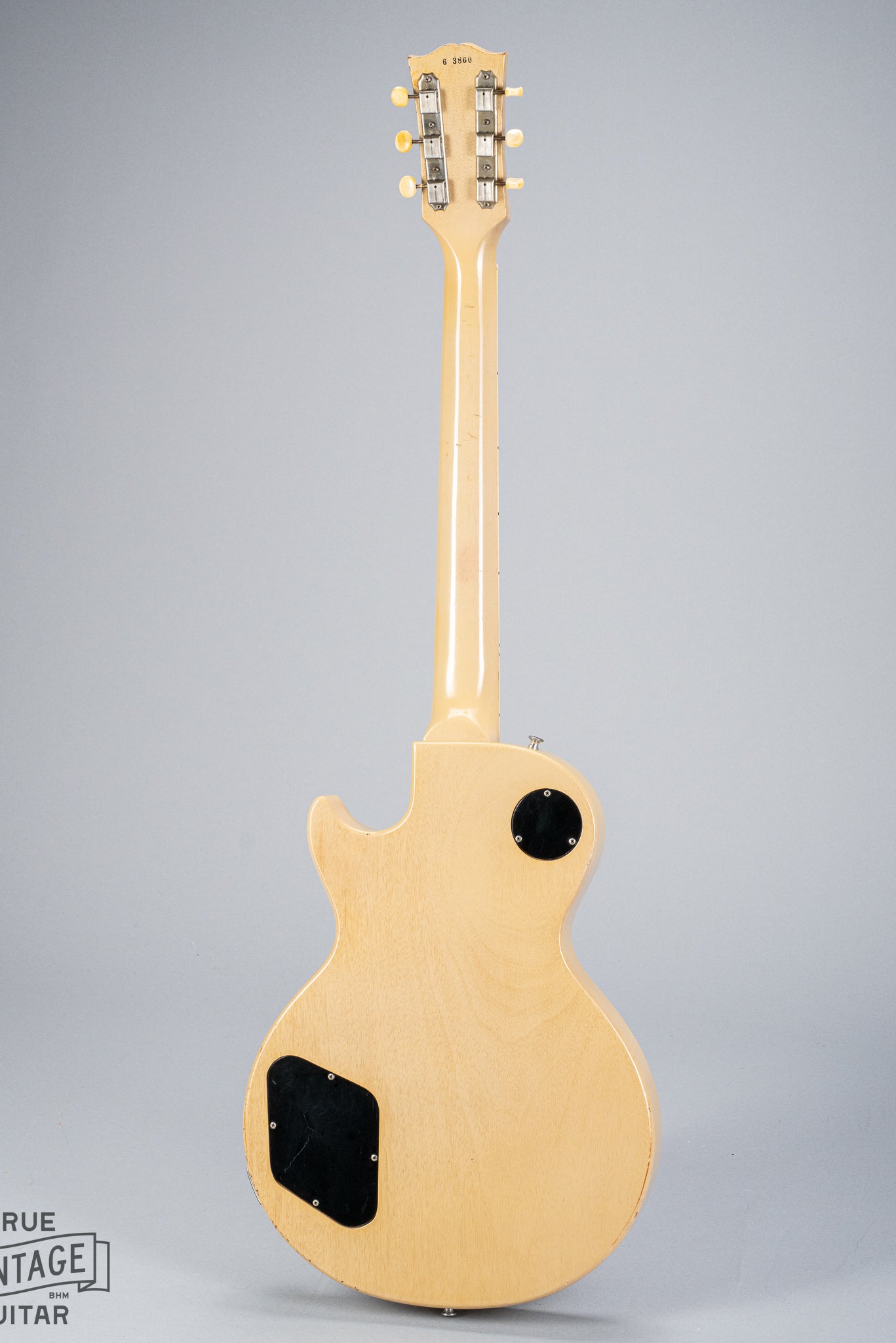 Back of 1956 Gibson Les Paul Special TV Yellow guitar body, neck, headstock, serial number