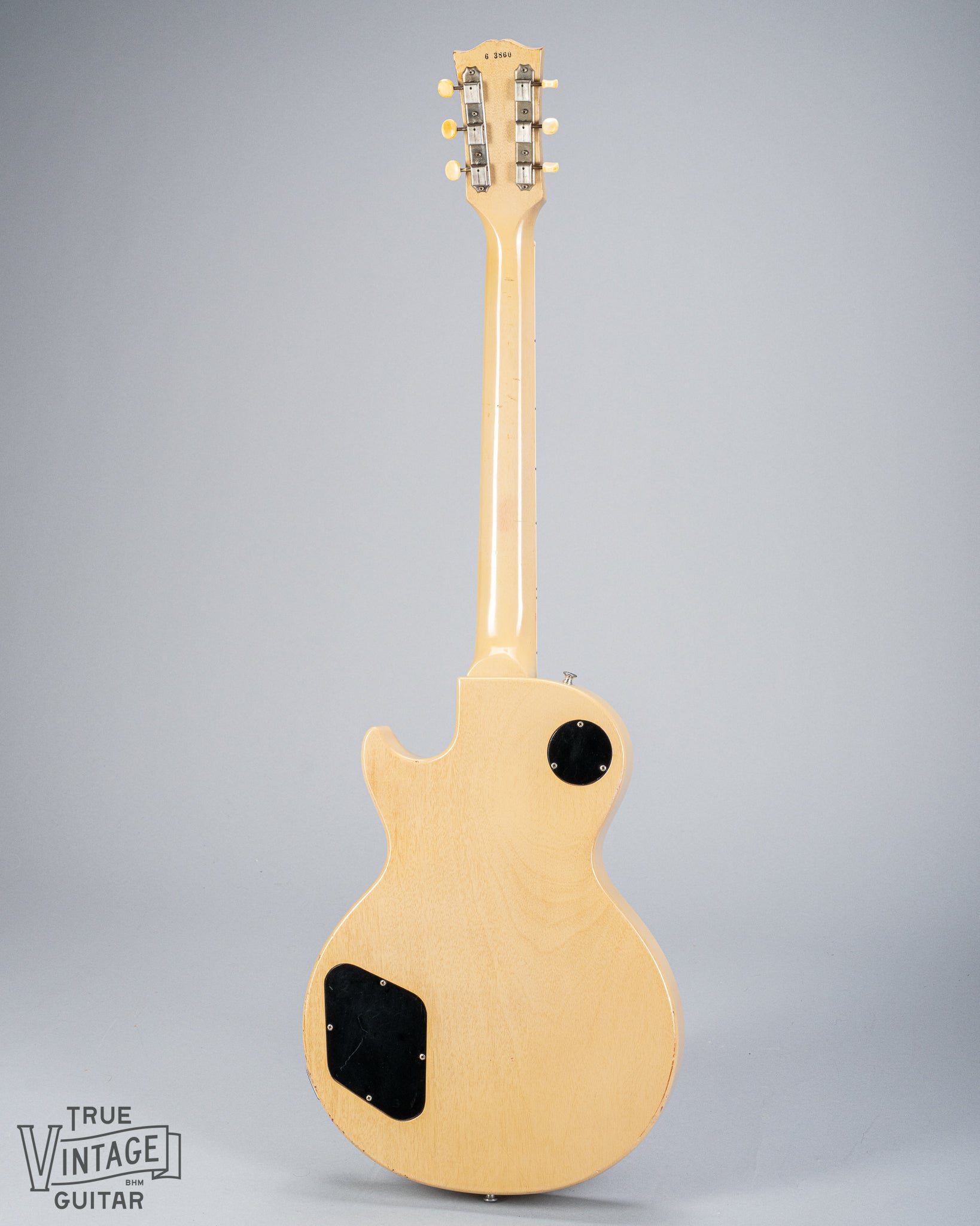 Back of 1956 Gibson Les Paul Special TV Yellow guitar body, neck, headstock, serial number