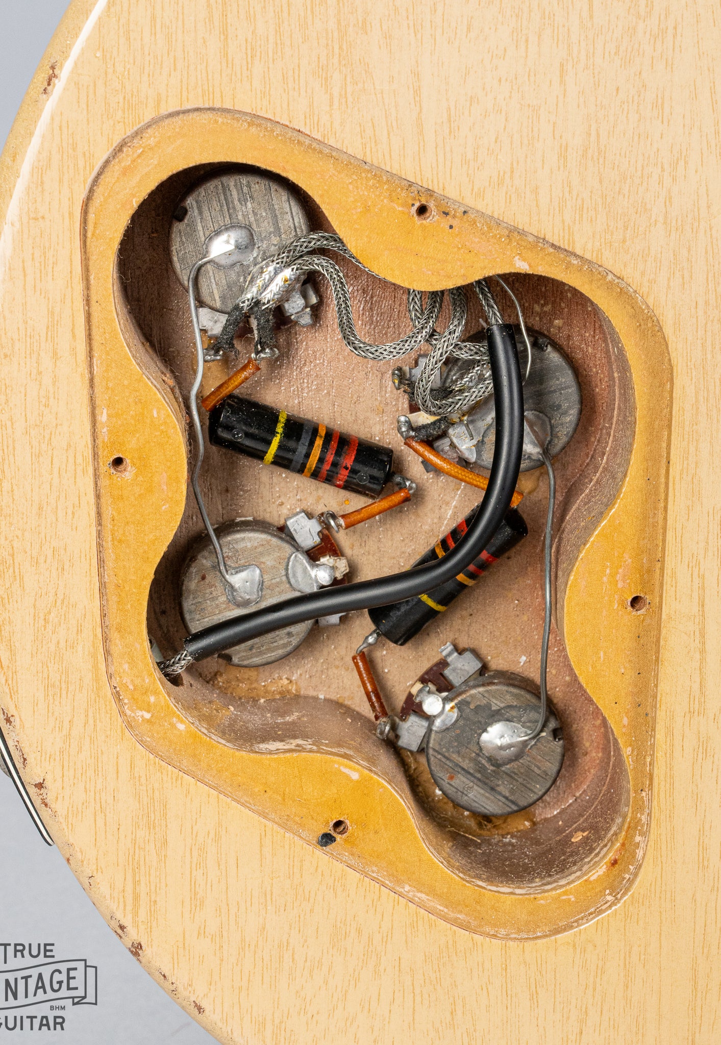 1956 Gibson Les Paul Special TV Yellow guitar control cavity, pots, wiring, electronics