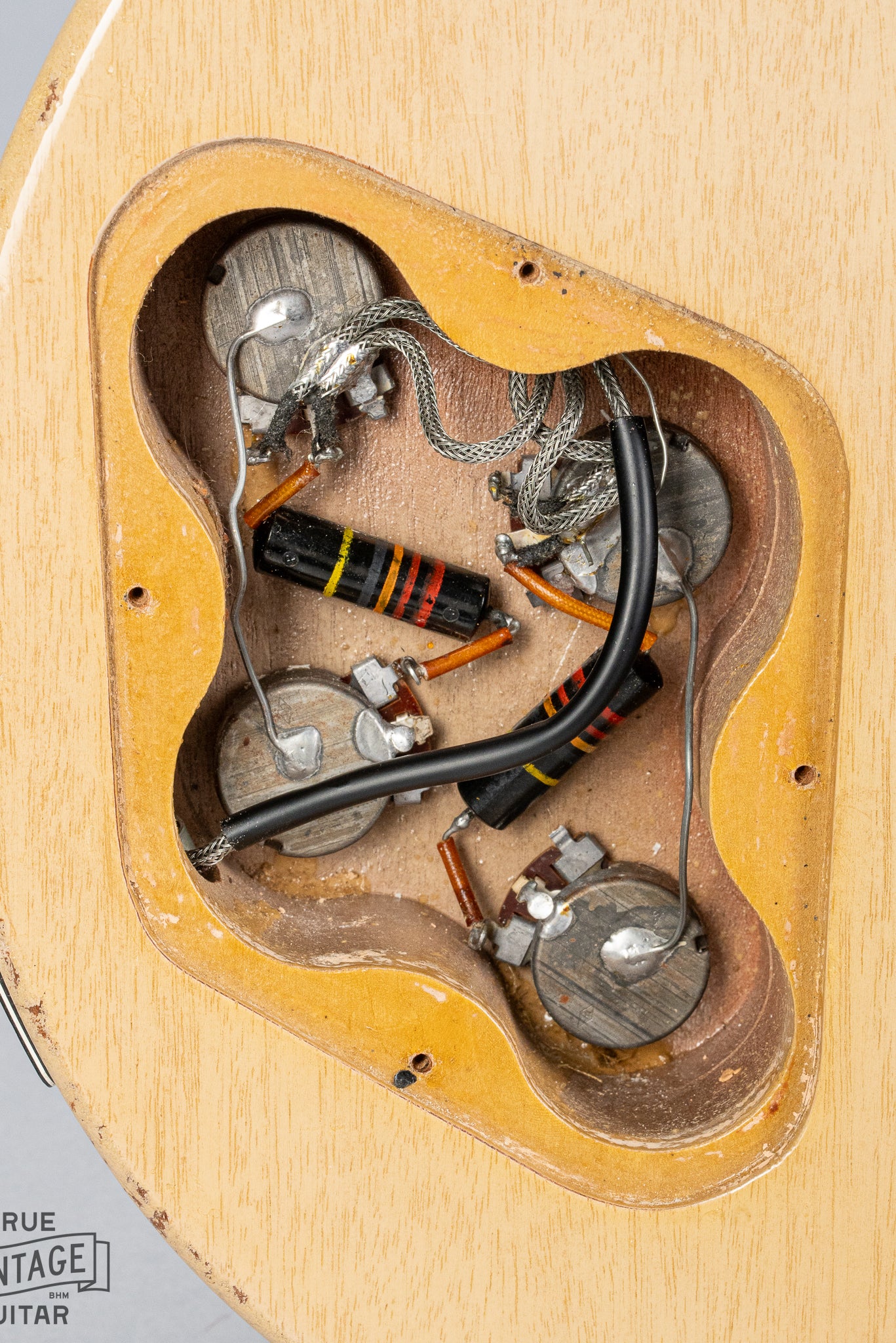 1956 Gibson Les Paul Special TV Yellow guitar control cavity, pots, wiring, electronics