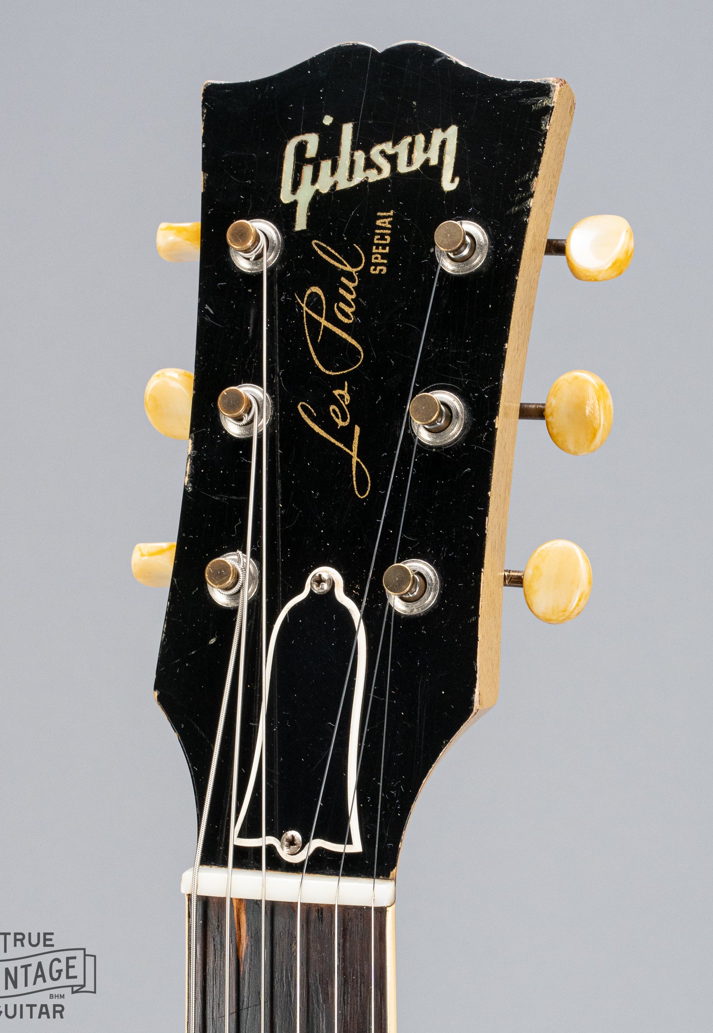 1956 Gibson Les Paul Special TV Yellow guitar headstock, logo, tuner buttons