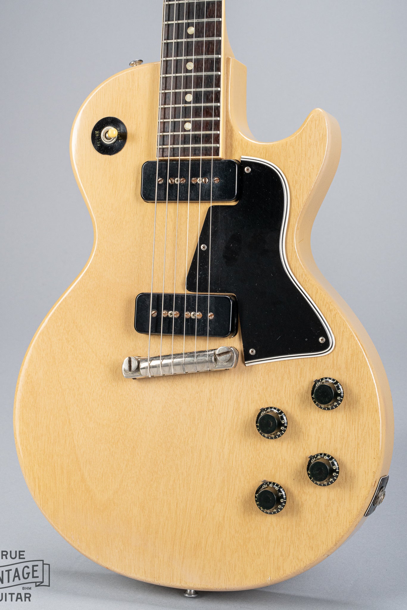 Front of 1956 Gibson Les Paul Special TV Yellow guitar body P90 pickups TV Yellow finish original bridge