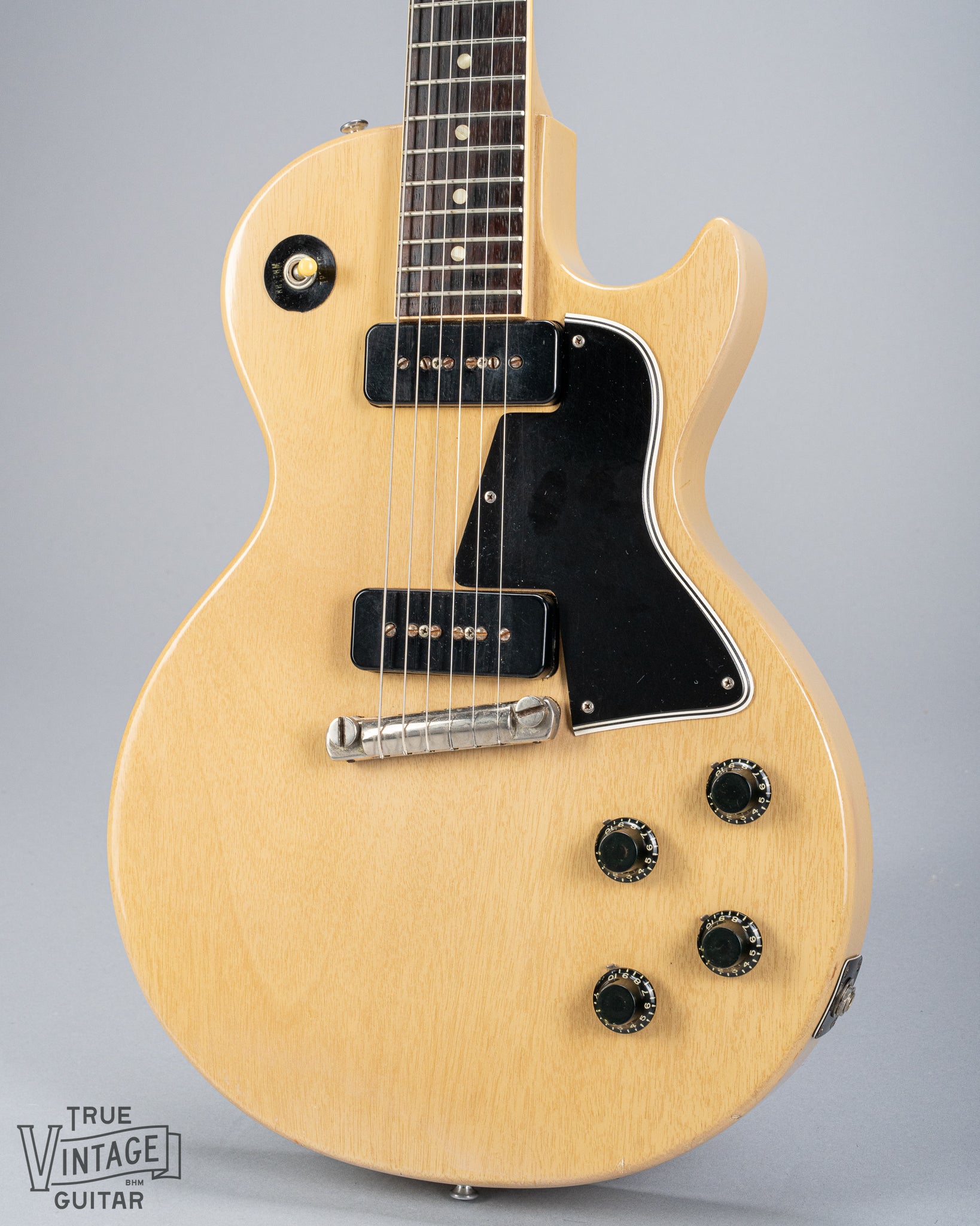 Front of 1956 Gibson Les Paul Special TV Yellow guitar body P90 pickups TV Yellow finish original bridge