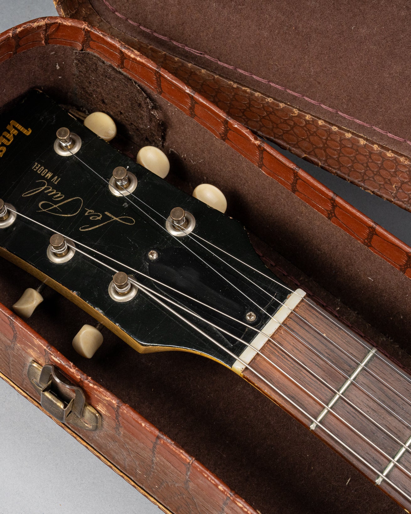1956 Gibson Les Paul TV Model guitar headstock in original case