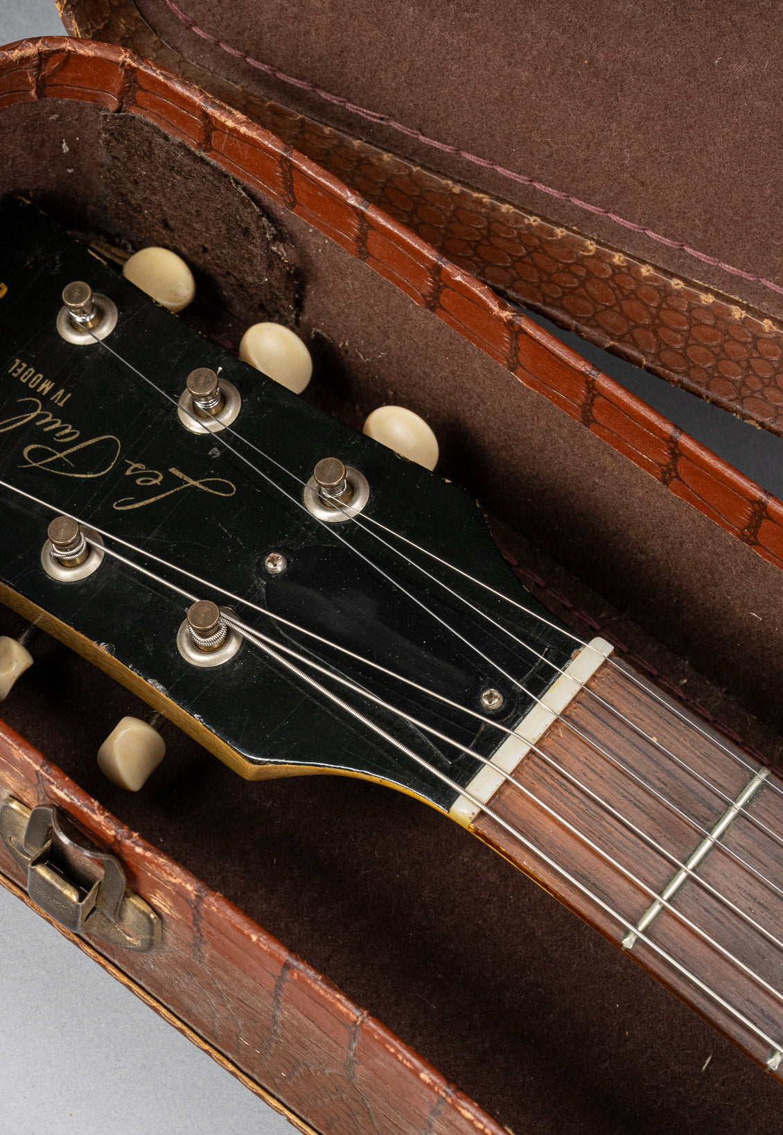 1956 Gibson Les Paul TV Model guitar headstock in original case