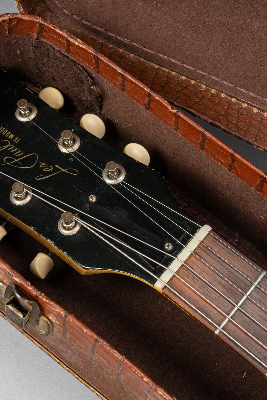 1956 Gibson Les Paul TV Model guitar headstock in original case