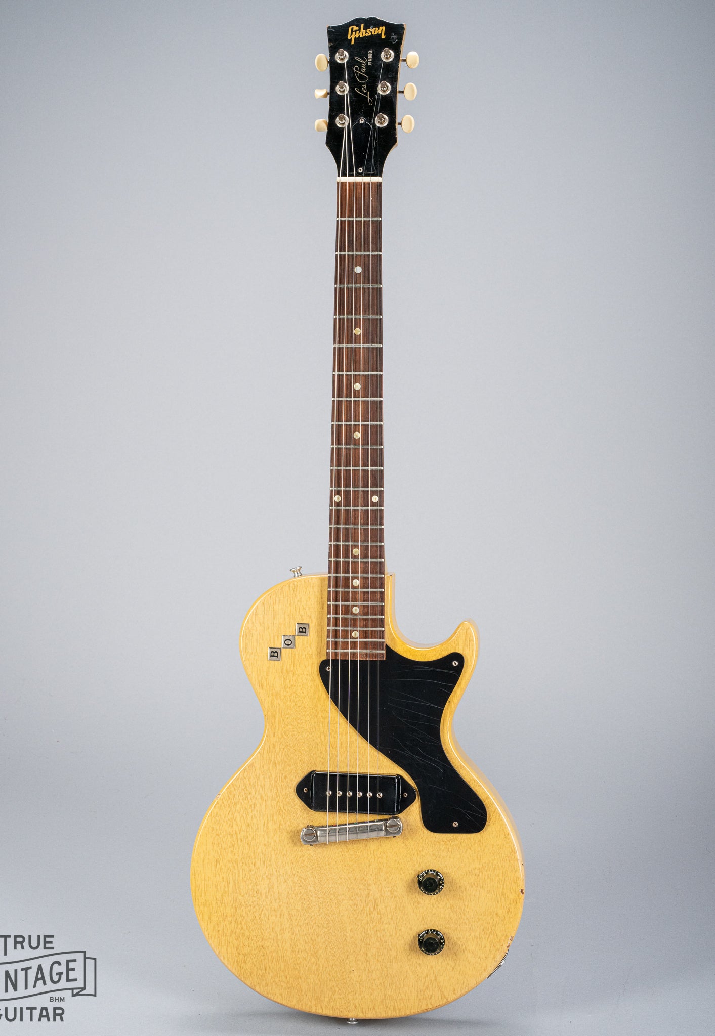 Front of 1956 Gibson Les Paul TV Model guitar p90 headstock fretboard logo