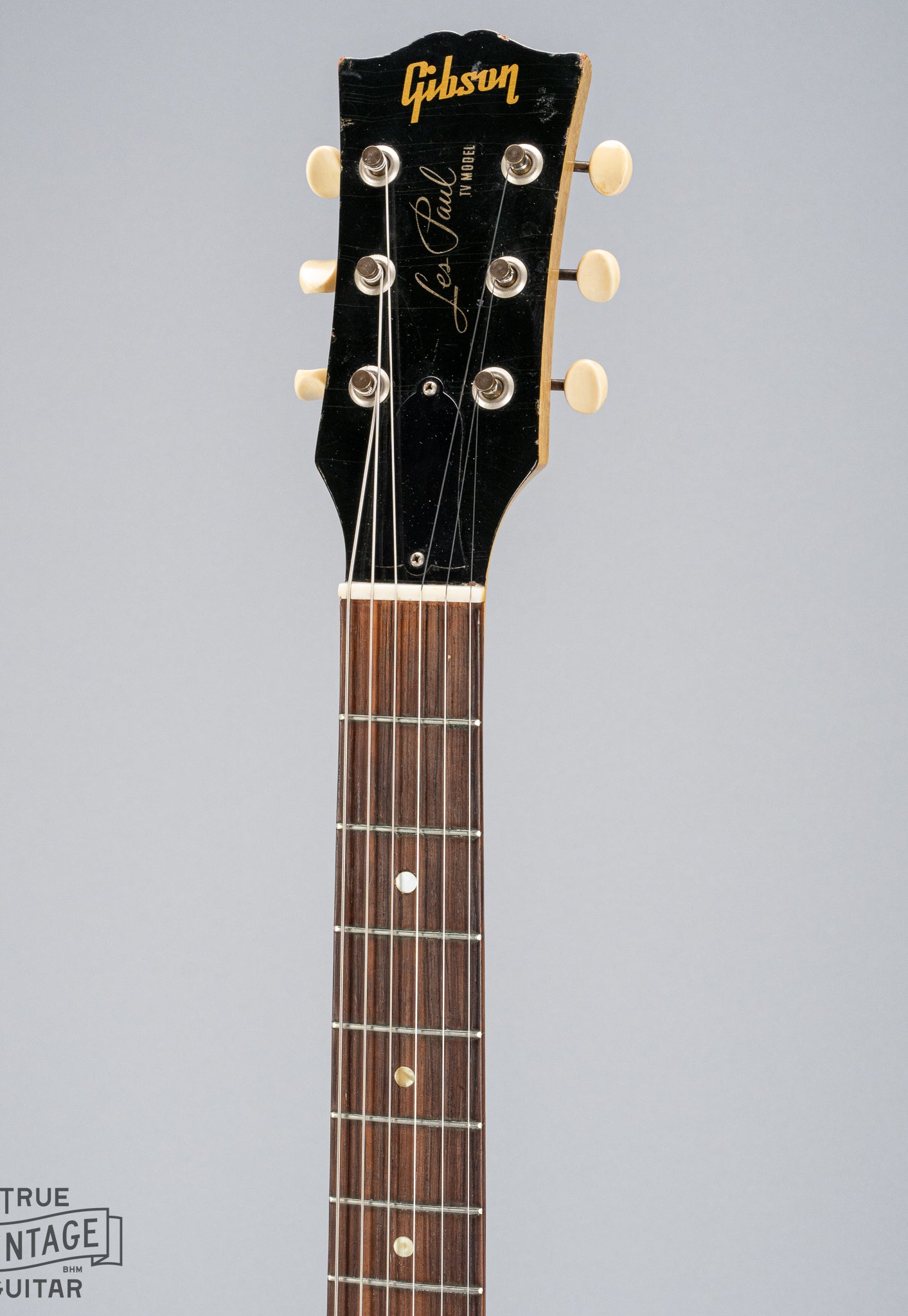 Front of Gibson Les Paul TV Model guitar headstock logo tuners nut fretboard