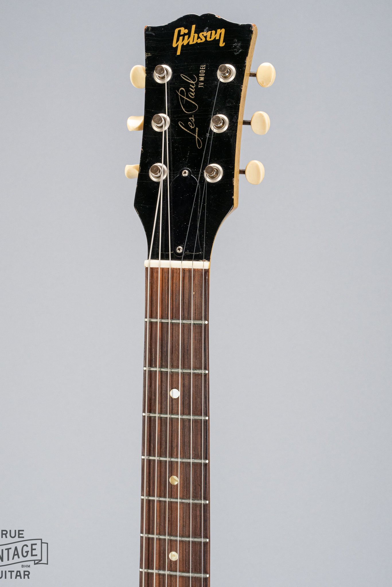 Front of Gibson Les Paul TV Model guitar headstock logo tuners nut fretboard