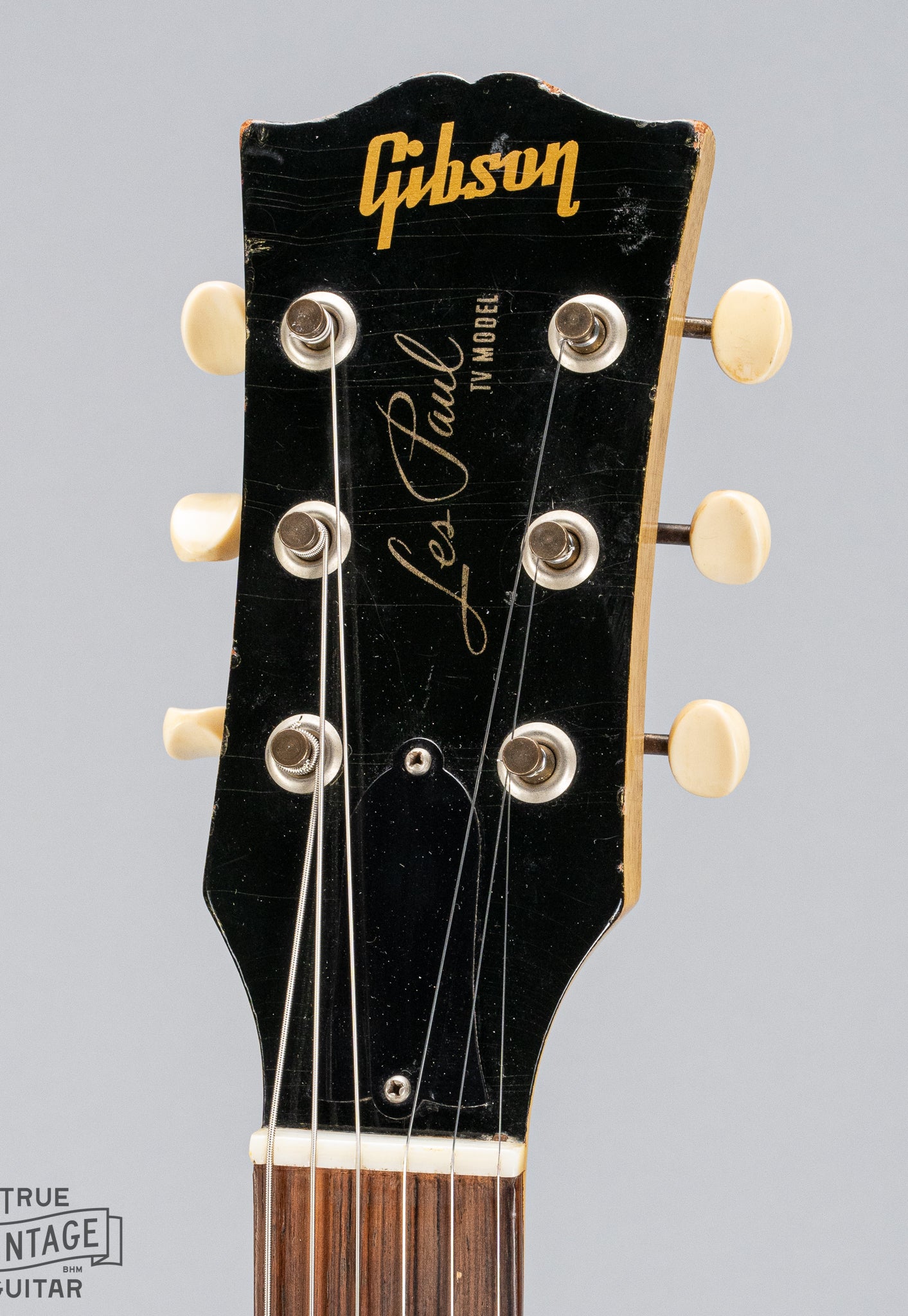 Front of Gibson Les Paul TV Model guitar headstock logo tuners nut