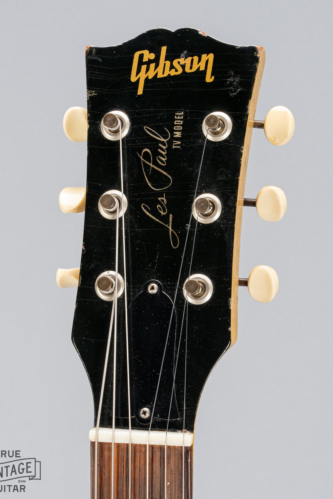 Front of Gibson Les Paul TV Model guitar headstock logo tuners nut