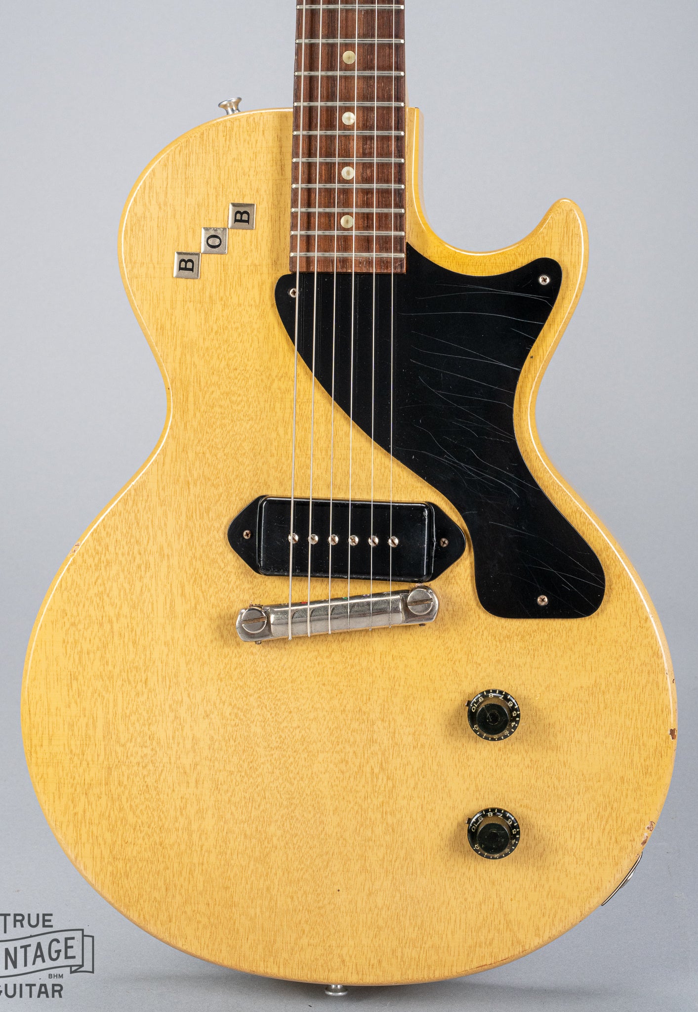 Front of Gibson Les Paul TV Model guitar model pickguard p90 fretboard bridge TV Yellow finish