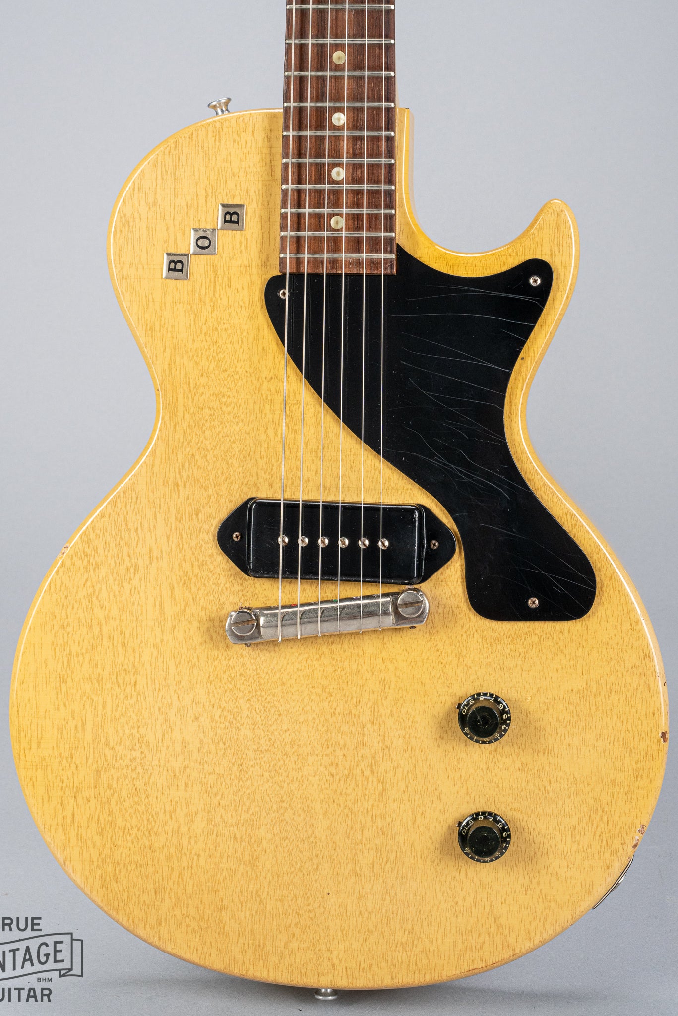 Front of Gibson Les Paul TV Model guitar model pickguard p90 fretboard bridge TV Yellow finish
