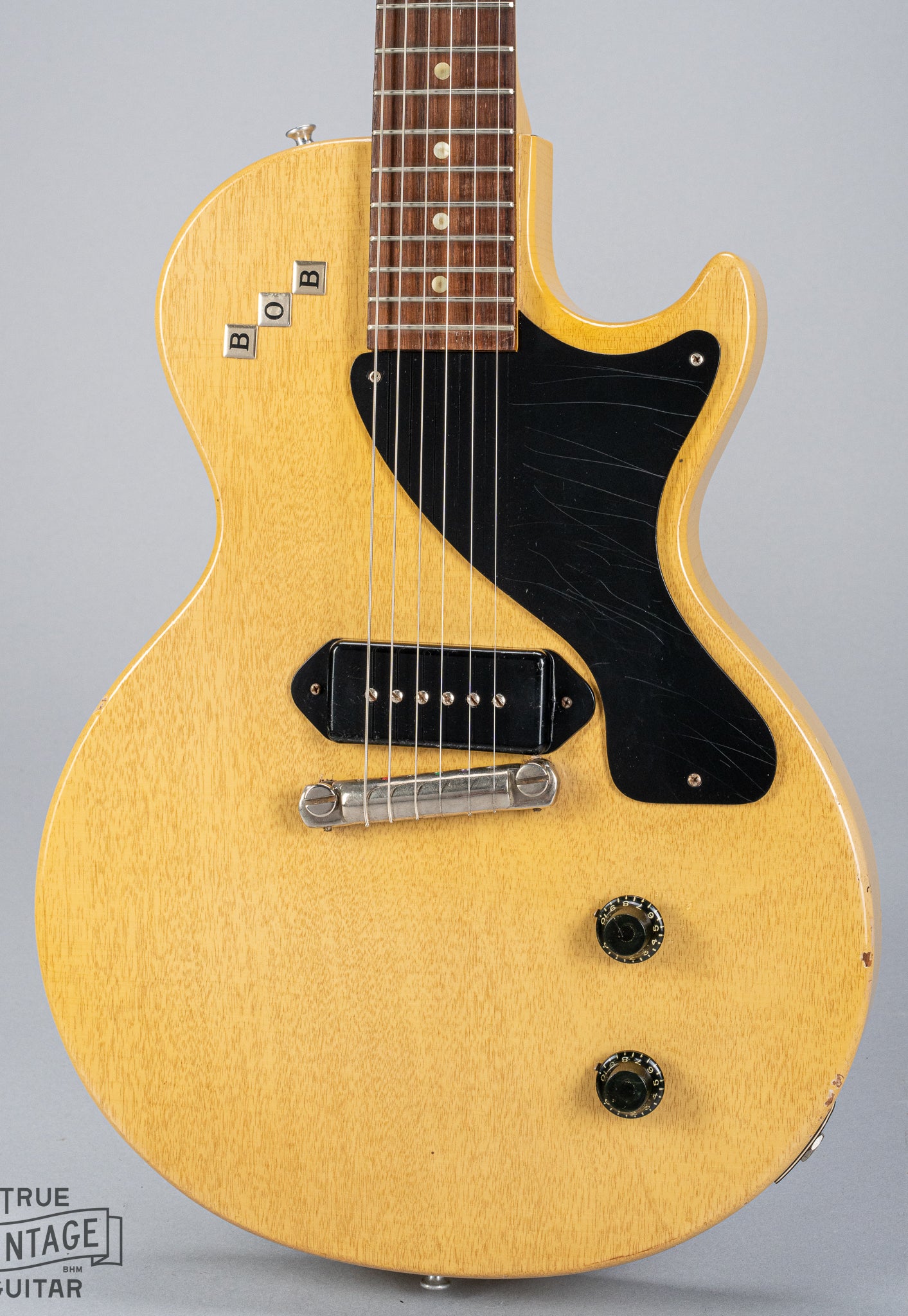Front of Gibson Les Paul TV Model guitar body pickguard p90 fretboard bridge TV Yellow finish
