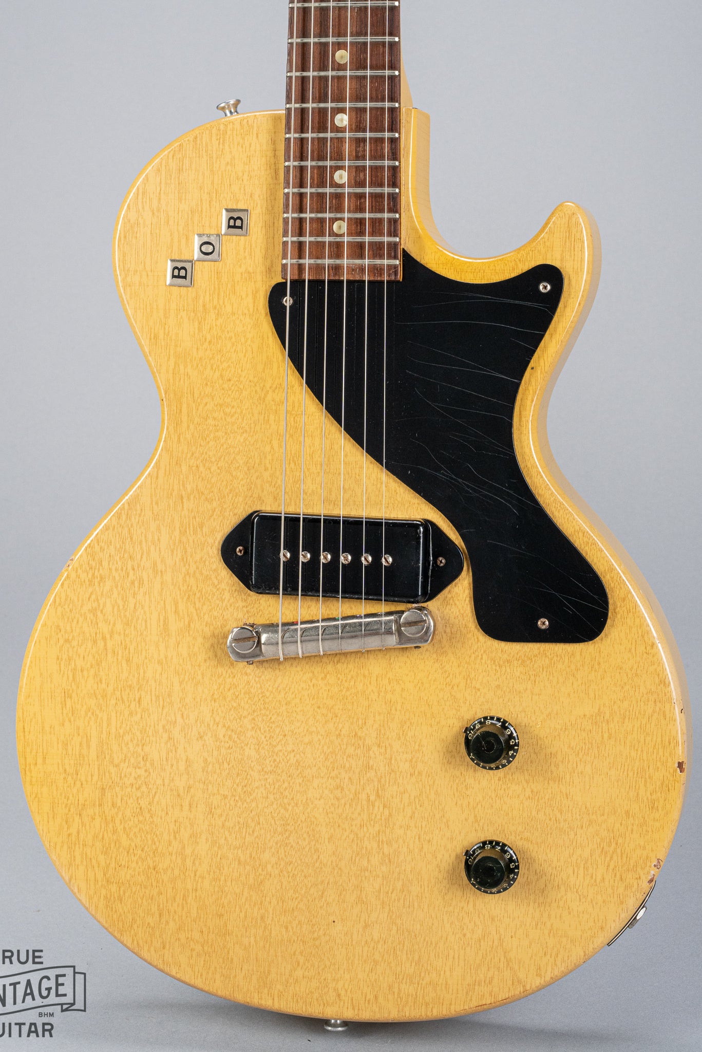 Front of Gibson Les Paul TV Model guitar body pickguard p90 fretboard bridge TV Yellow finish