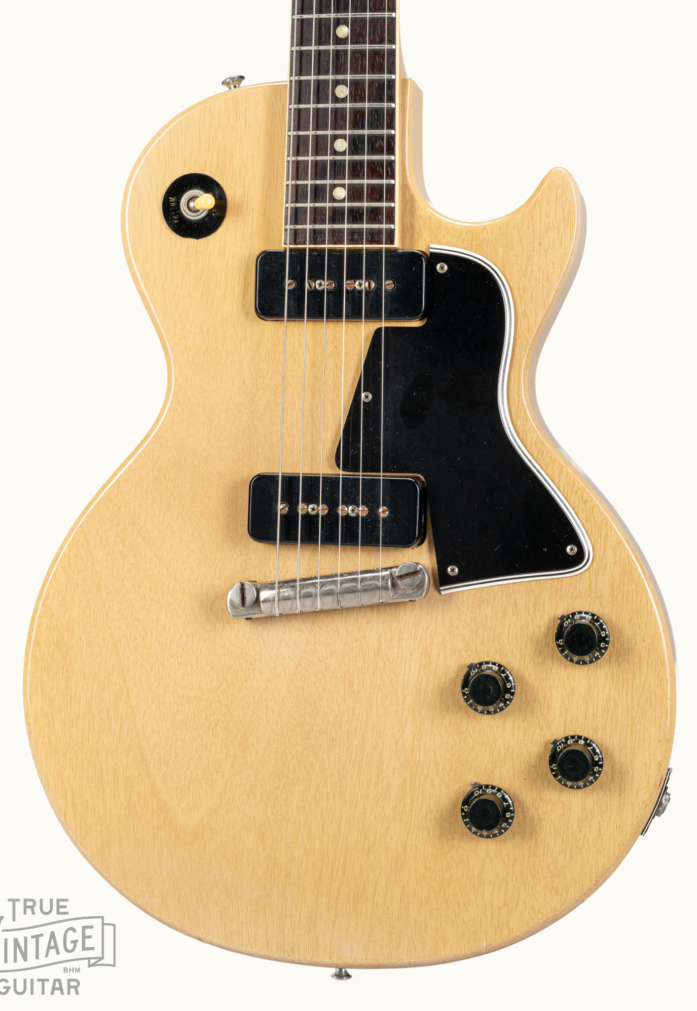 Front of 1956 Gibson Les Paul Special TV Yellow guitar body P90 pickups TV Yellow finish original bridge