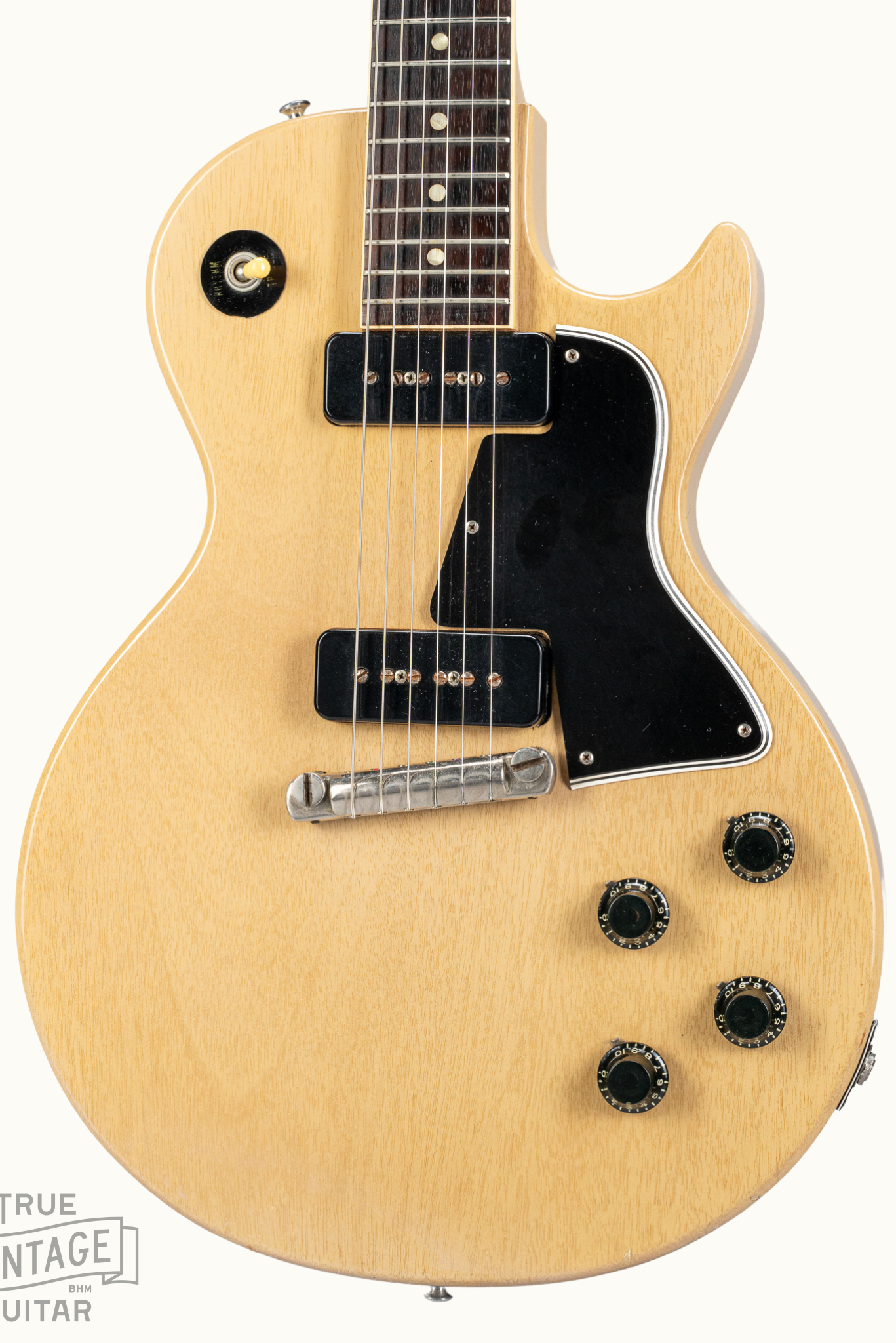 Front of 1956 Gibson Les Paul Special TV Yellow guitar body P90 pickups TV Yellow finish original bridge