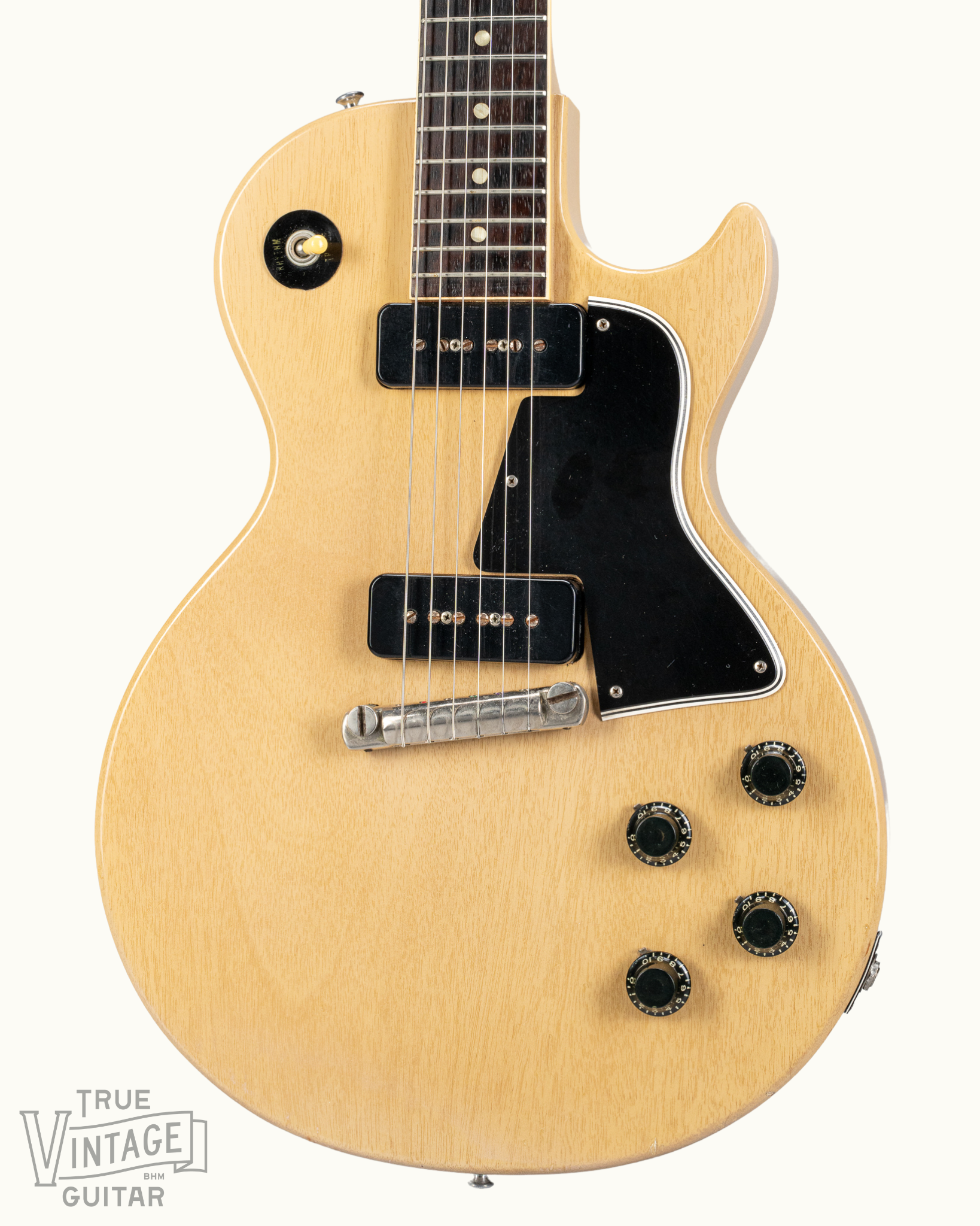 Front of 1956 Gibson Les Paul Special TV Yellow guitar body P90 pickups TV Yellow finish original bridge