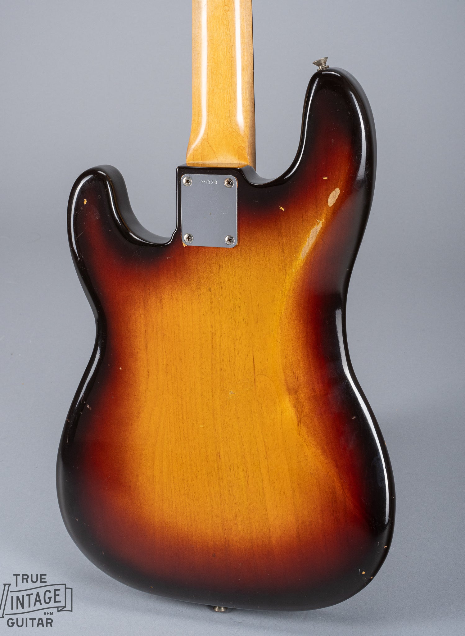 Back of 1959 Fender Precision Bass P Bass Sunburst pickguard pickup and bridge chrome cover neck plate